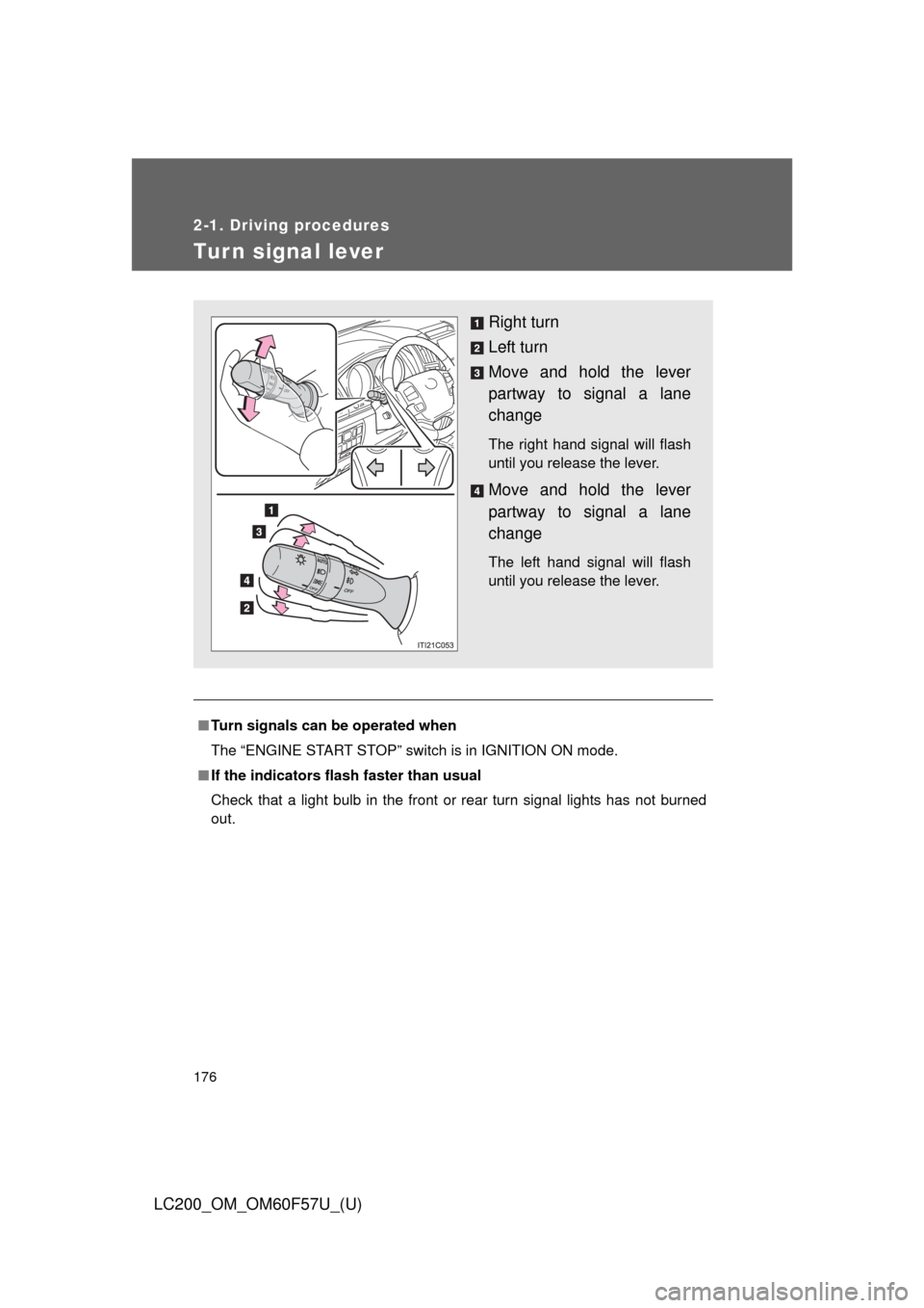 TOYOTA LAND CRUISER 2013 J200 Owners Manual 176
2-1. Driving procedures
LC200_OM_OM60F57U_(U)
Tur n signal lever
■Turn signals can be operated when
The “ENGINE START STOP” switch is in IGNITION ON mode.
■If the indicators flash faster t