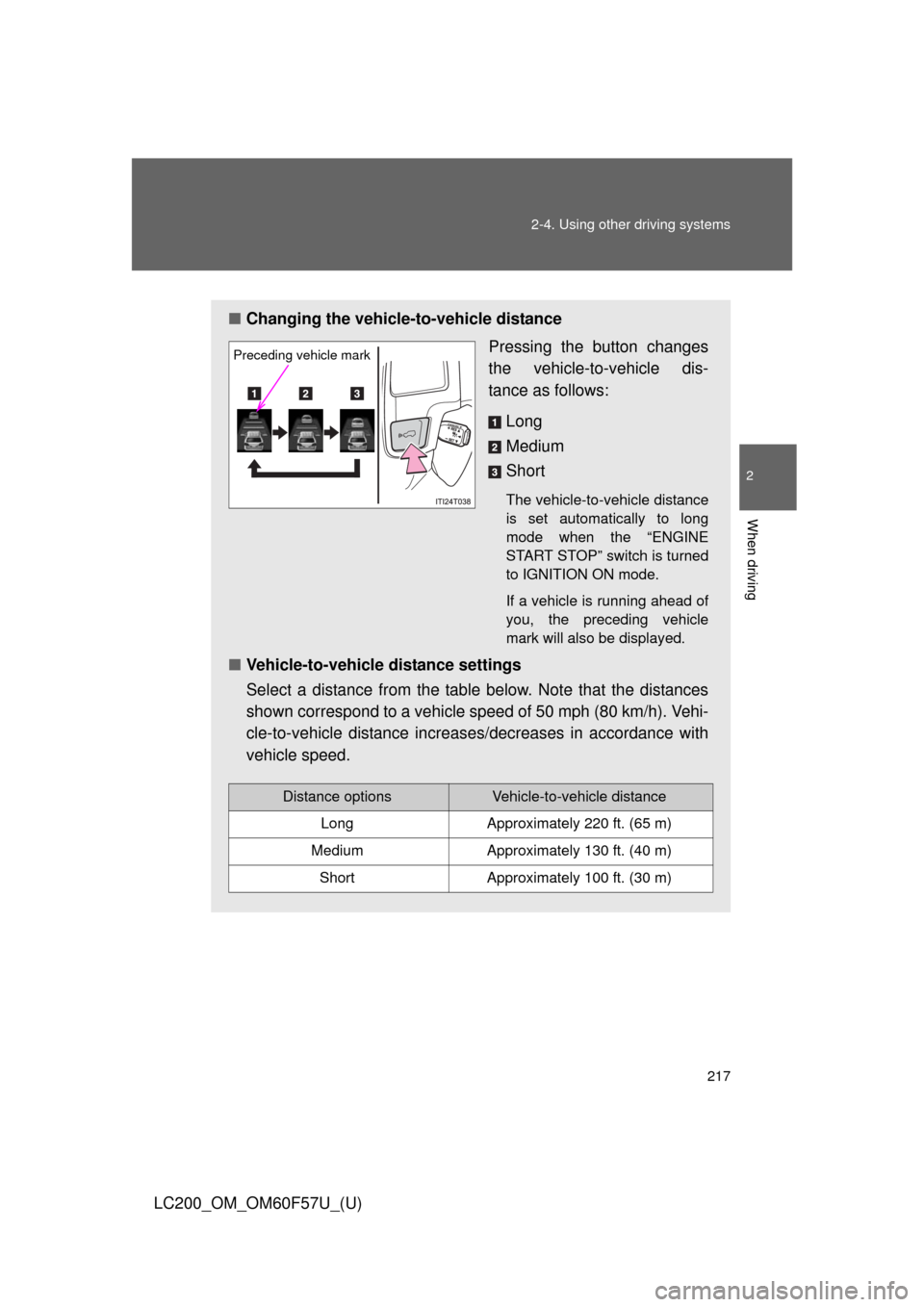 TOYOTA LAND CRUISER 2013 J200 Owners Manual 217 2-4. Using other driving systems
2
When driving
LC200_OM_OM60F57U_(U)
■Changing the vehicle-to-vehicle distance
Pressing the button changes
the vehicle-to-vehicle dis-
tance as follows:
Long
Med TOYOTA LAND CRUISER 2013 J200 Owners Manual 217 2-4. Using other driving systems
2
When driving
LC200_OM_OM60F57U_(U)
■Changing the vehicle-to-vehicle distance
Pressing the button changes
the vehicle-to-vehicle dis-
tance as follows:
Long
Med