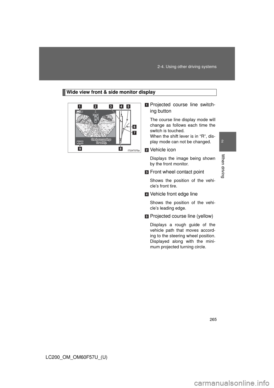 TOYOTA LAND CRUISER 2013 J200 Owners Manual 265 2-4. Using other driving systems
2
When driving
LC200_OM_OM60F57U_(U)
Wide view front & side monitor display
Projected course line switch-
ing button
The course line display mode will
change as fo