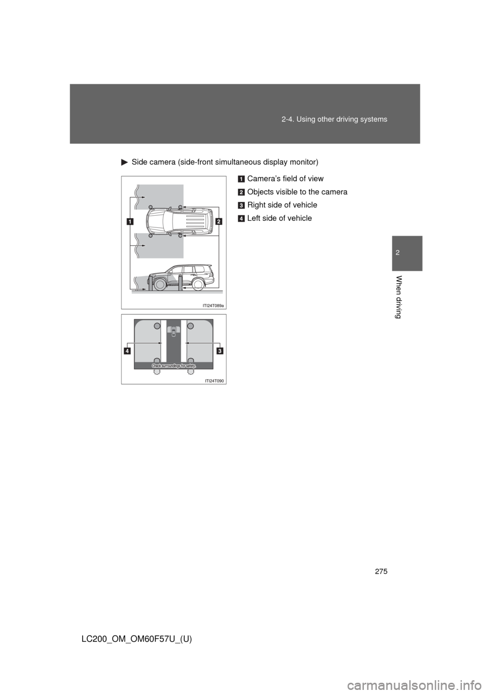 TOYOTA LAND CRUISER 2013 J200 Owners Manual 275 2-4. Using other driving systems
2
When driving
LC200_OM_OM60F57U_(U)
Side camera (side-front simultaneous display monitor)
Camera’s field of view
Objects visible to the camera
Right side of veh