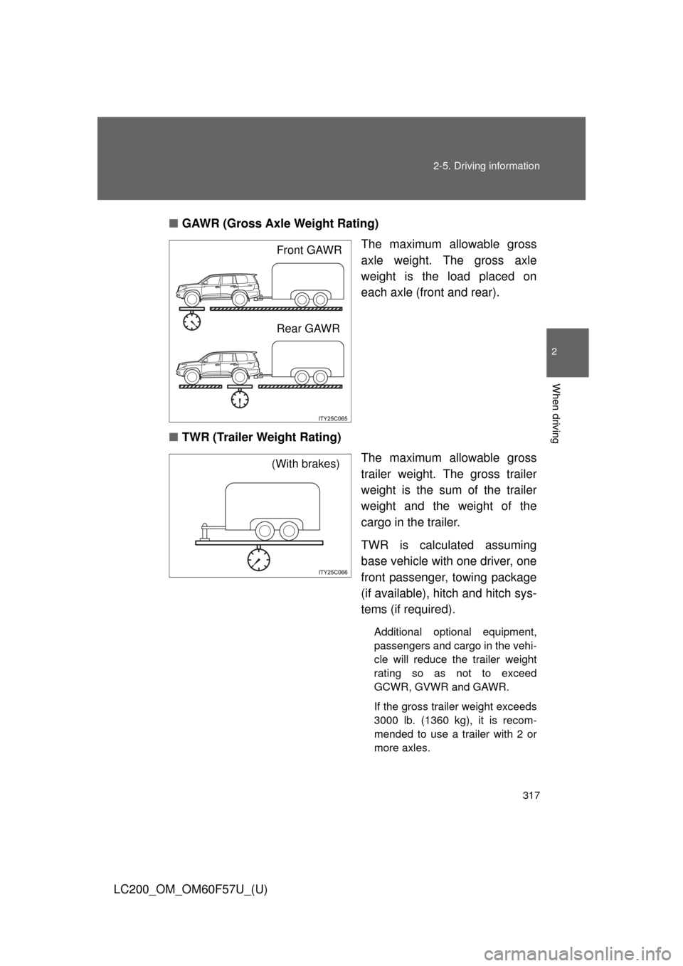 TOYOTA LAND CRUISER 2013 J200 Owners Manual 317 2-5. Driving information
2
When driving
LC200_OM_OM60F57U_(U)■GAWR (Gross Axle Weight Rating)
The maximum allowable gross
axle weight. The gross axle
weight is the load placed on
each axle (fron