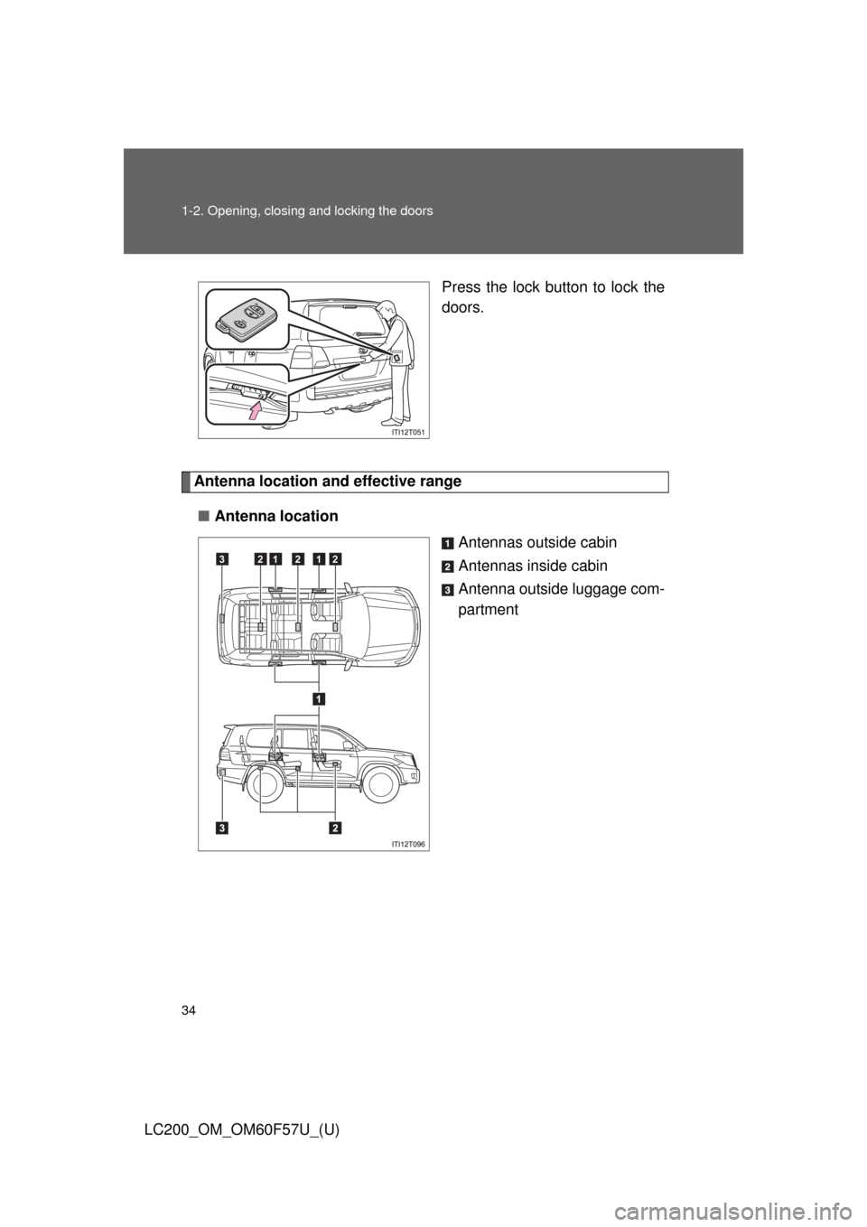 TOYOTA LAND CRUISER 2013 J200 Owners Manual 34 1-2. Opening, closing and locking the doors
LC200_OM_OM60F57U_(U)Press the lock button to lock the
doors.
Antenna location and effective range
■Antenna location
Antennas outside cabin
Antennas in