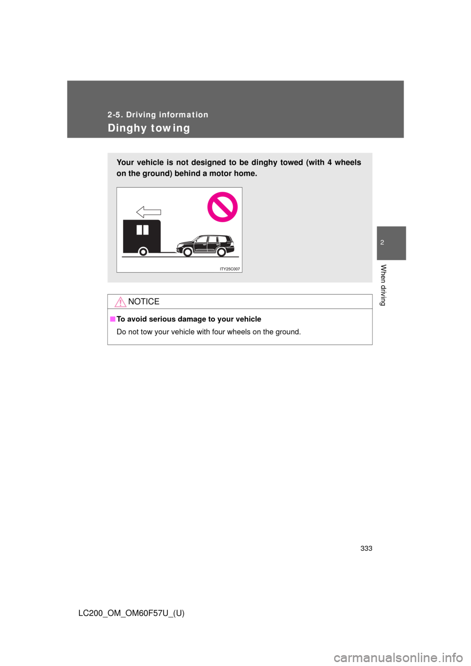 TOYOTA LAND CRUISER 2013 J200 Owners Manual 333
2-5. Driving information
2
When driving
LC200_OM_OM60F57U_(U)
Dinghy towing
NOTICE
■To avoid serious damage to your vehicle
Do not tow your vehicle with four wheels on the ground.
Your vehicle i