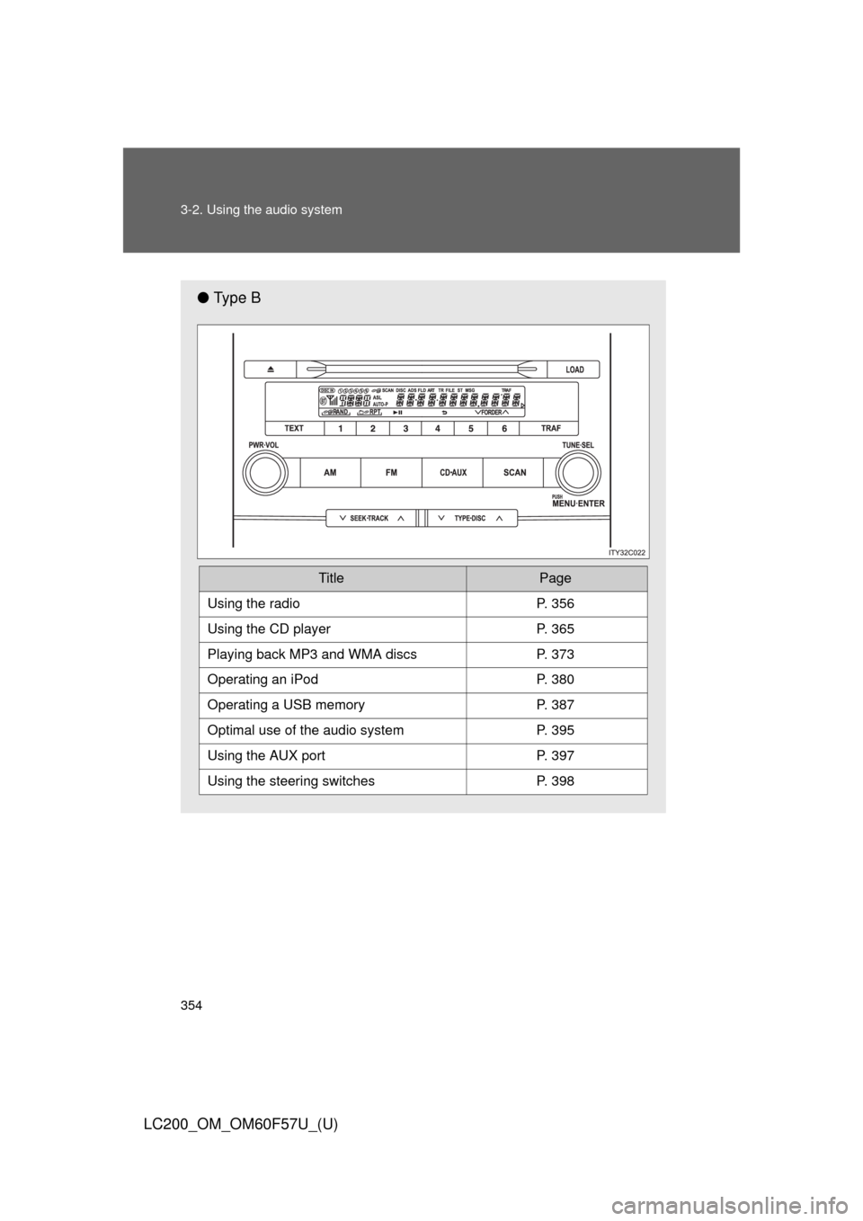 TOYOTA LAND CRUISER 2013 J200 Owners Manual 354 3-2. Using the audio system
LC200_OM_OM60F57U_(U)
●Ty p e  B
 
TitlePage
Using the radioP. 356
Using the CD playerP. 365
Playing back MP3 and WMA discs P. 373
Operating an iPodP. 380
Operating a