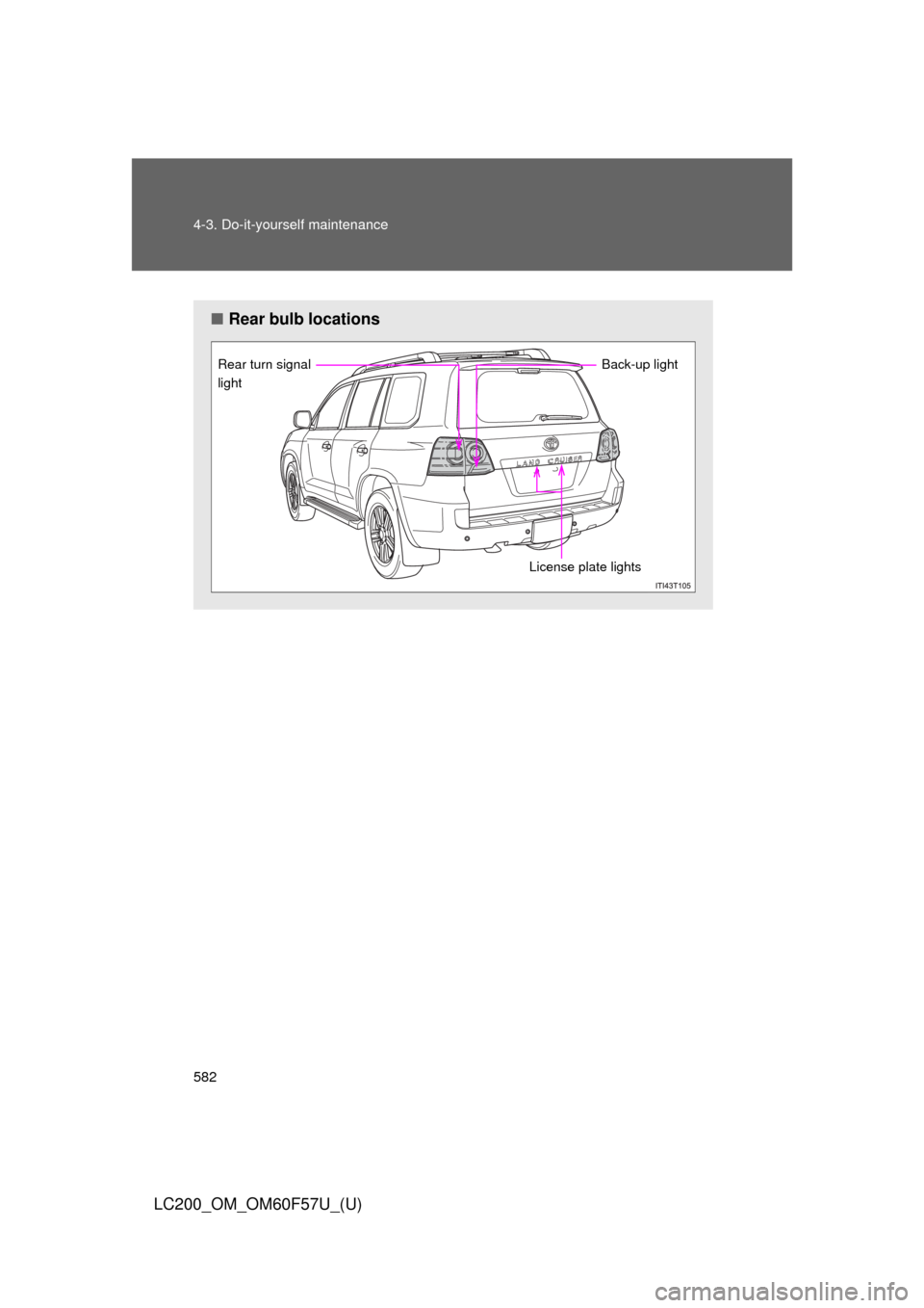 TOYOTA LAND CRUISER 2013 J200 Owners Manual 582 4-3. Do-it-yourself maintenance
LC200_OM_OM60F57U_(U)
■Rear bulb locations
License plate lights Rear turn signal 
light 
Back-up light  