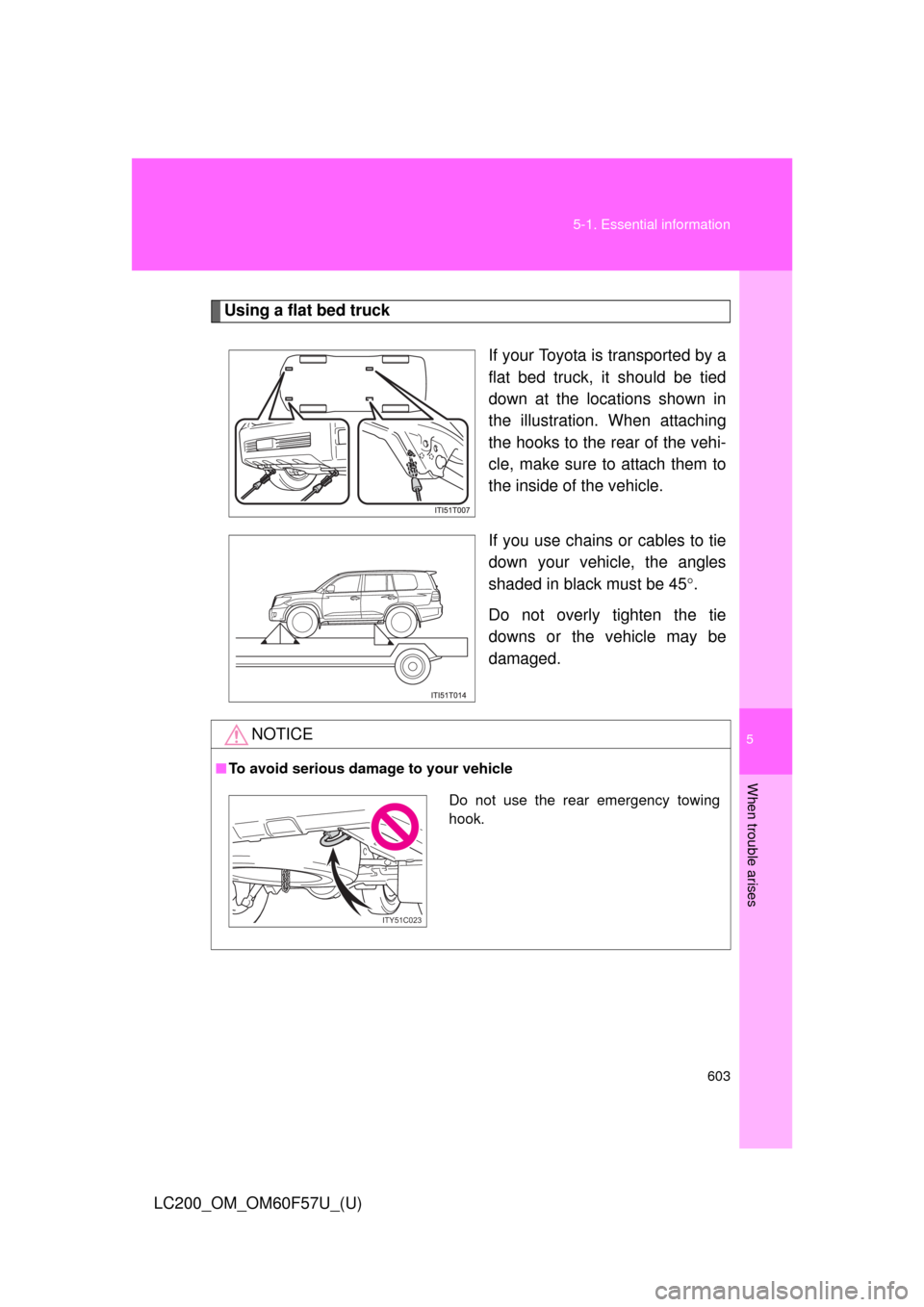 TOYOTA LAND CRUISER 2013 J200 Owners Manual 5
When trouble arises
603 5-1. Essential information
LC200_OM_OM60F57U_(U)
Using a flat bed truck
If your Toyota is transported by a
flat bed truck, it should be tied
down at the locations shown in
th TOYOTA LAND CRUISER 2013 J200 Owners Manual 5
When trouble arises
603 5-1. Essential information
LC200_OM_OM60F57U_(U)
Using a flat bed truck
If your Toyota is transported by a
flat bed truck, it should be tied
down at the locations shown in
th