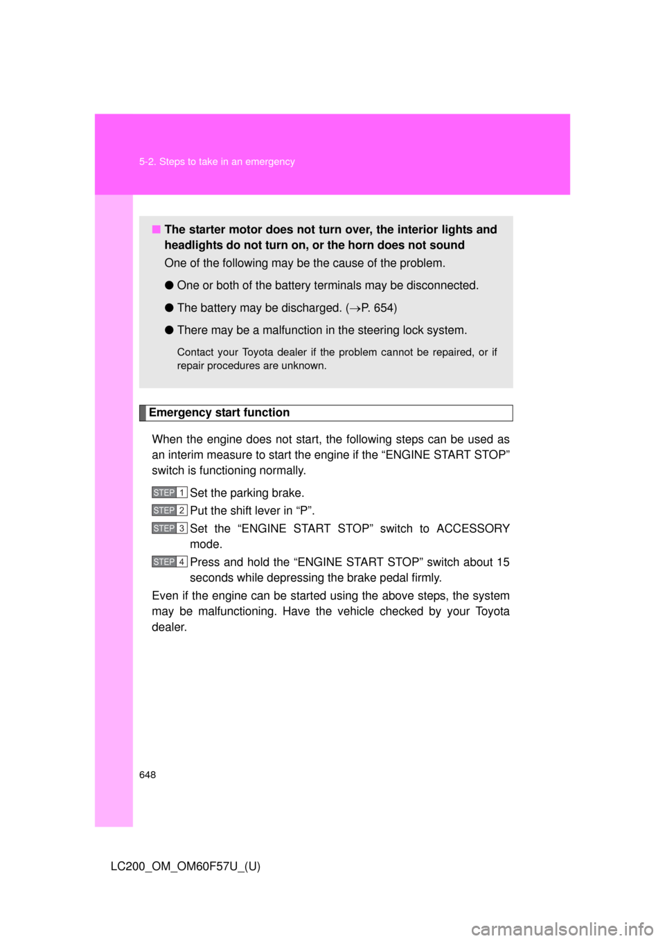 TOYOTA LAND CRUISER 2013 J200 Owners Manual 648 5-2. Steps to take in an emergency
LC200_OM_OM60F57U_(U)
Emergency start function
When the engine does not start, the following steps can be used as
an interim measure to start the engine if the TOYOTA LAND CRUISER 2013 J200 Owners Manual 648 5-2. Steps to take in an emergency
LC200_OM_OM60F57U_(U)
Emergency start function
When the engine does not start, the following steps can be used as
an interim measure to start the engine if the