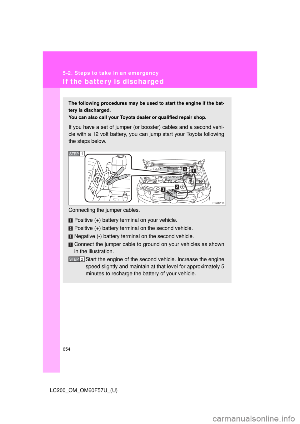TOYOTA LAND CRUISER 2013 J200 Owners Manual 654
5-2. Steps to take in an emergency
LC200_OM_OM60F57U_(U)
If the batter y is discharged
The following procedures may be used to start the engine if the bat-
tery is discharged.
You can also call yo