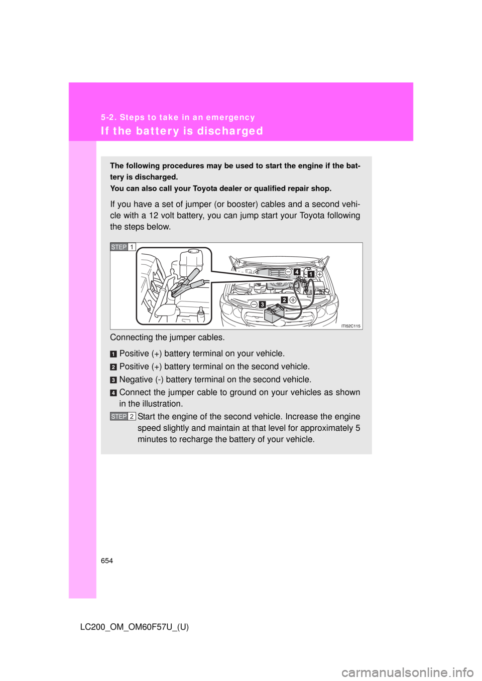 TOYOTA LAND CRUISER 2013 J200 Owners Manual 654
5-2. Steps to take in an emergency
LC200_OM_OM60F57U_(U)
If the batter y is discharged
The following procedures may be used to start the engine if the bat-
tery is discharged.
You can also call yo TOYOTA LAND CRUISER 2013 J200 Owners Manual 654
5-2. Steps to take in an emergency
LC200_OM_OM60F57U_(U)
If the batter y is discharged
The following procedures may be used to start the engine if the bat-
tery is discharged.
You can also call yo
