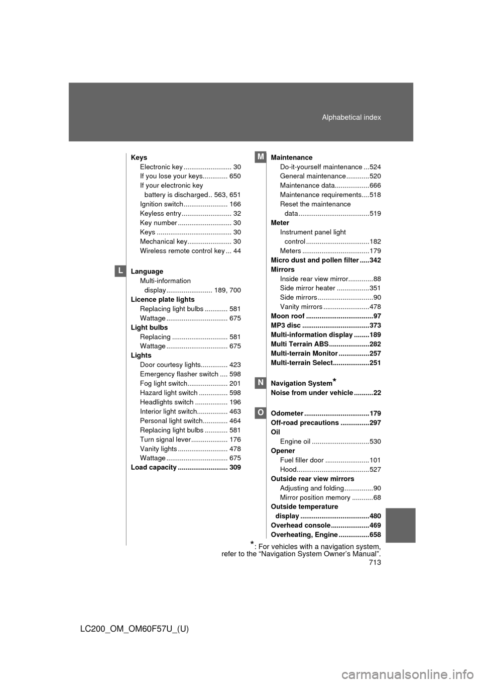 TOYOTA LAND CRUISER 2013 J200 Owners Manual 713 Alphabetical index
LC200_OM_OM60F57U_(U)
Keys
Electronic key ......................... 30
If you lose your keys............. 650
If your electronic key 
battery is discharged .. 563, 651
Ignition 