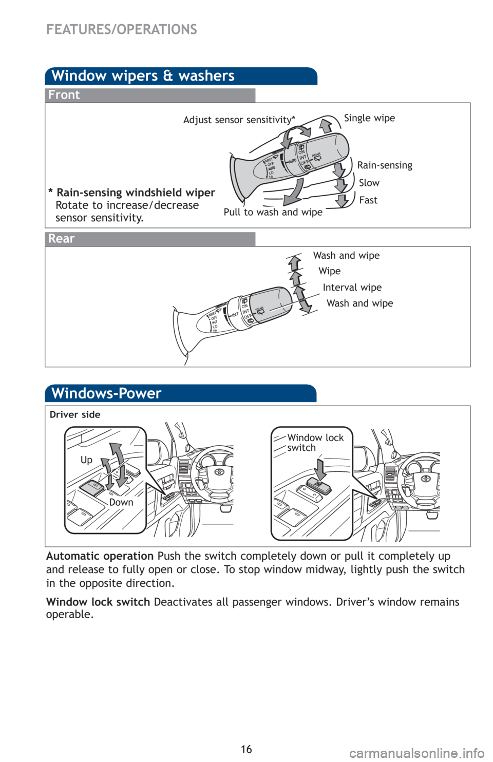 TOYOTA LAND CRUISER 2013 J200 Quick Reference Guide 16
Window wipers & washers
FEATURES/OPERATIONS
Windows-Power
Up
Down
Driver side
Window lock
switch
Automatic operation Push the switch completely down or pull it completely up
and release to fully op