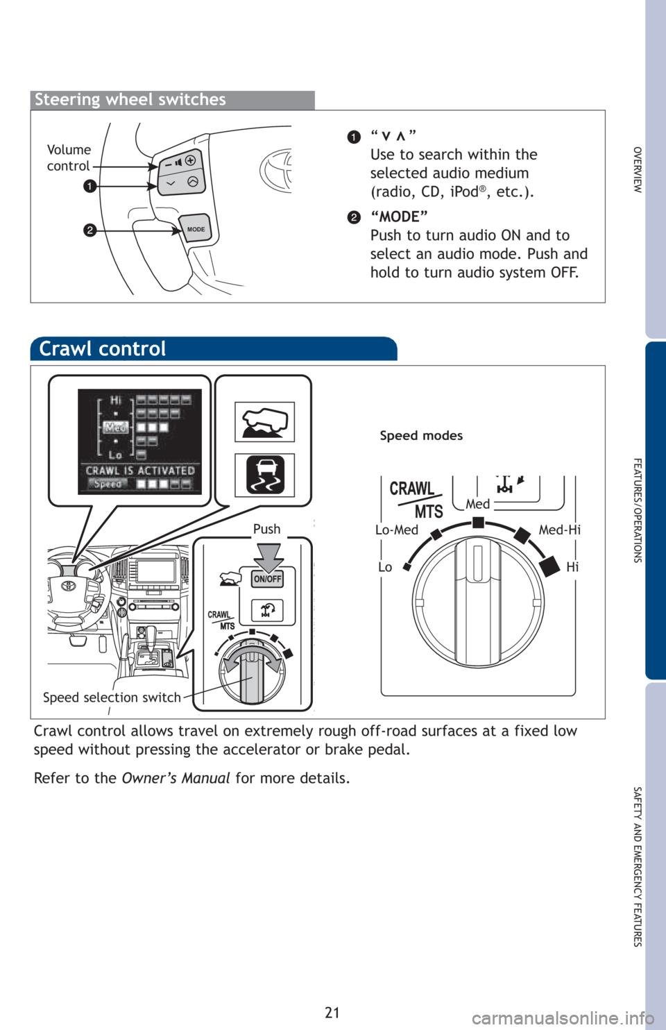 TOYOTA LAND CRUISER 2013 J200 Quick Reference Guide OVERVIEW
FEATURES/OPERATIONS
SAFETY AND EMERGENCY FEATURES
21“      ”
Use to search within the
selected audio medium 
(radio, CD, iPod
®, etc.).
“MODE”
Push to turn audio ON and to
select an 