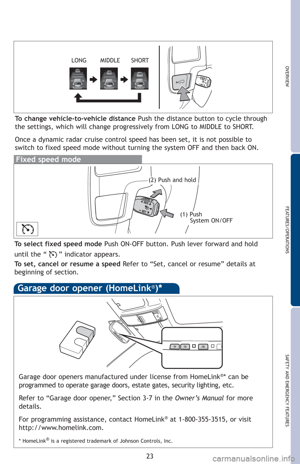 TOYOTA LAND CRUISER 2013 J200 Quick Reference Guide OVERVIEW
FEATURES/OPERATIONS
SAFETY AND EMERGENCY FEATURES
23
Garage door openers manufactured under license from HomeLink®* can be
programmed to operate garage doors, estate gates, security lighting TOYOTA LAND CRUISER 2013 J200 Quick Reference Guide OVERVIEW
FEATURES/OPERATIONS
SAFETY AND EMERGENCY FEATURES
23
Garage door openers manufactured under license from HomeLink®* can be
programmed to operate garage doors, estate gates, security lighting