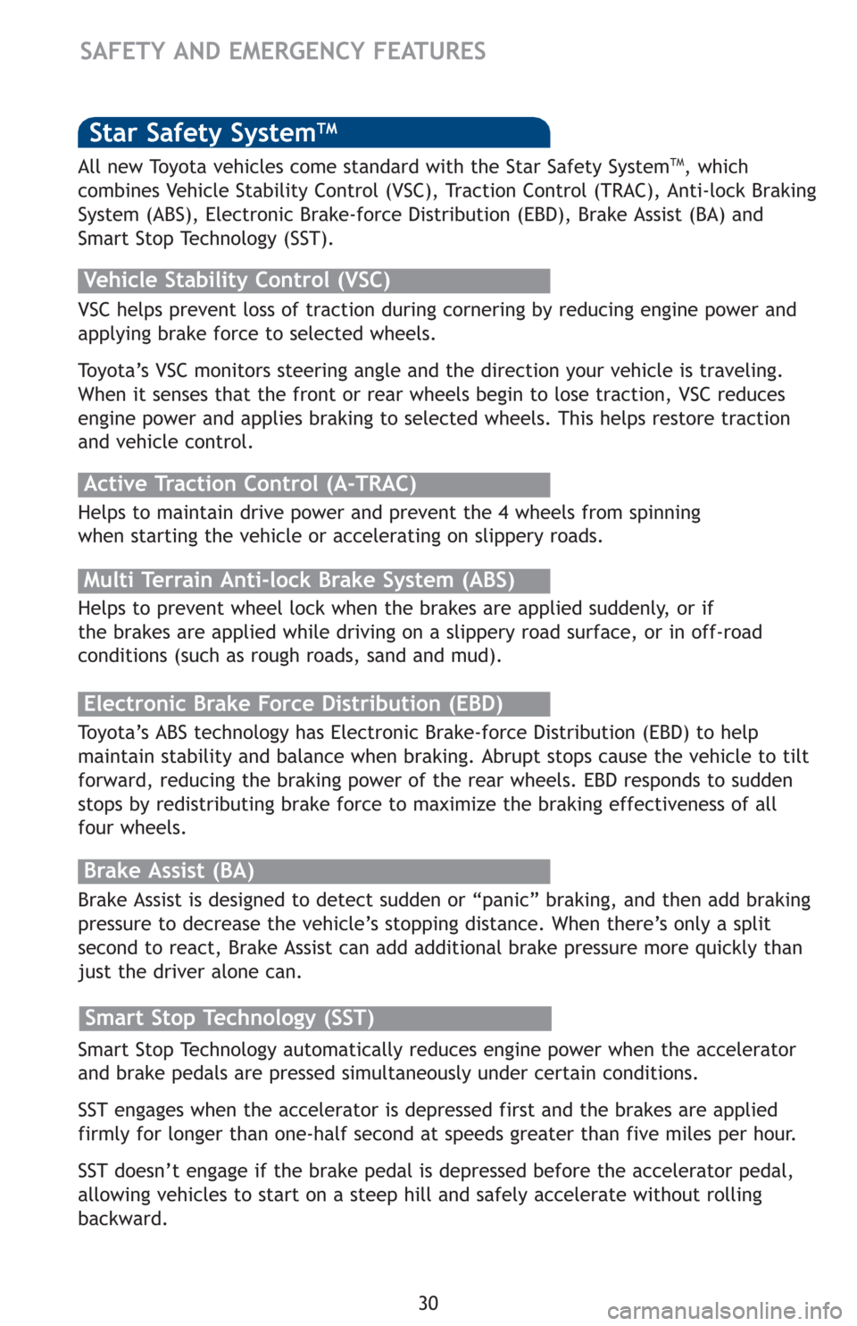 TOYOTA LAND CRUISER 2013 J200 Quick Reference Guide Smart Stop Technology automatically reduces engine power when the accelerator
and brake pedals are pressed simultaneously under certain conditions. 
SST engages when the accelerator is depressed first