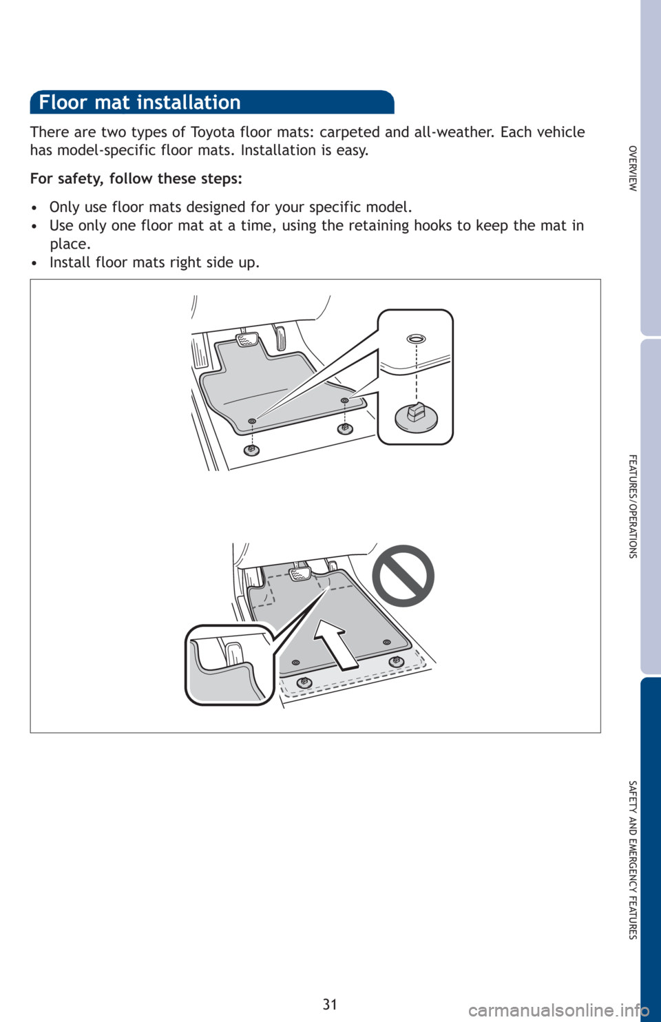 TOYOTA LAND CRUISER 2013 J200 Quick Reference Guide There are two types of Toyota floor mats: carpeted and all-weather. Each vehicle
has model-specific floor mats. Installation is easy. 
For safety, follow these steps:
• Only use floor mats designed 