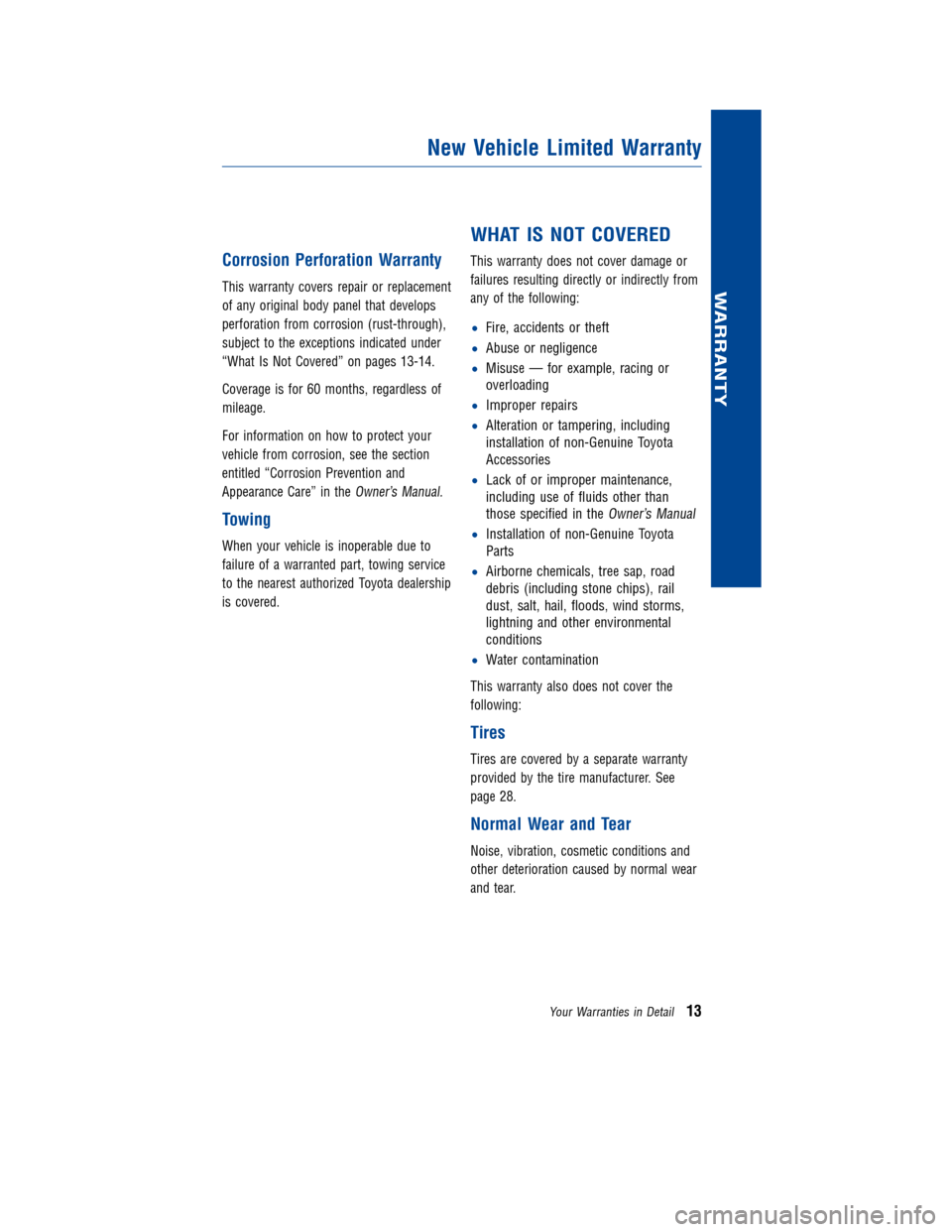 TOYOTA LAND CRUISER 2013 J200 Warranty And Maintenance Guide JOBNAME: 1131592-2013-lnd-toy PAGE: 13 SESS: 11 OUTPUT: Wed Jan 4 09:27:40 2012
/tweddle/toyota/sched-maint/1131592-en-lnd/wg
Corrosion Perforation Warranty
This warranty covers repair or replacement
TOYOTA LAND CRUISER 2013 J200 Warranty And Maintenance Guide JOBNAME: 1131592-2013-lnd-toy PAGE: 13 SESS: 11 OUTPUT: Wed Jan 4 09:27:40 2012
/tweddle/toyota/sched-maint/1131592-en-lnd/wg
Corrosion Perforation Warranty
This warranty covers repair or replacement