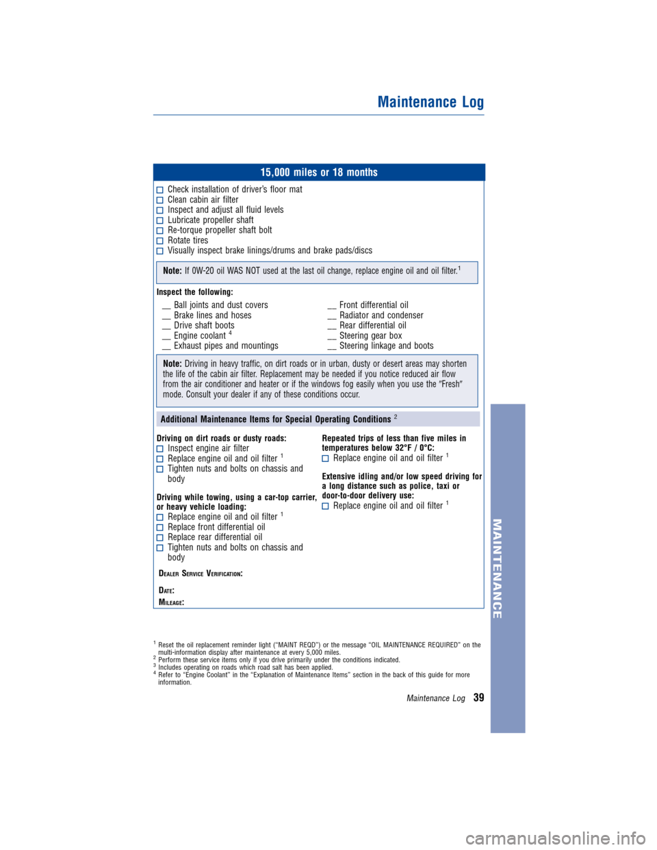 TOYOTA LAND CRUISER 2013 J200 Warranty And Maintenance Guide JOBNAME: 1131592-2013-lnd-toy PAGE: 39 SESS: 12 OUTPUT: Wed Jan 4 09:27:40 2012
/tweddle/toyota/sched-maint/1131592-en-lnd/wg
15,000 miles or 18 months
Check installation of driver’s floor matClean 