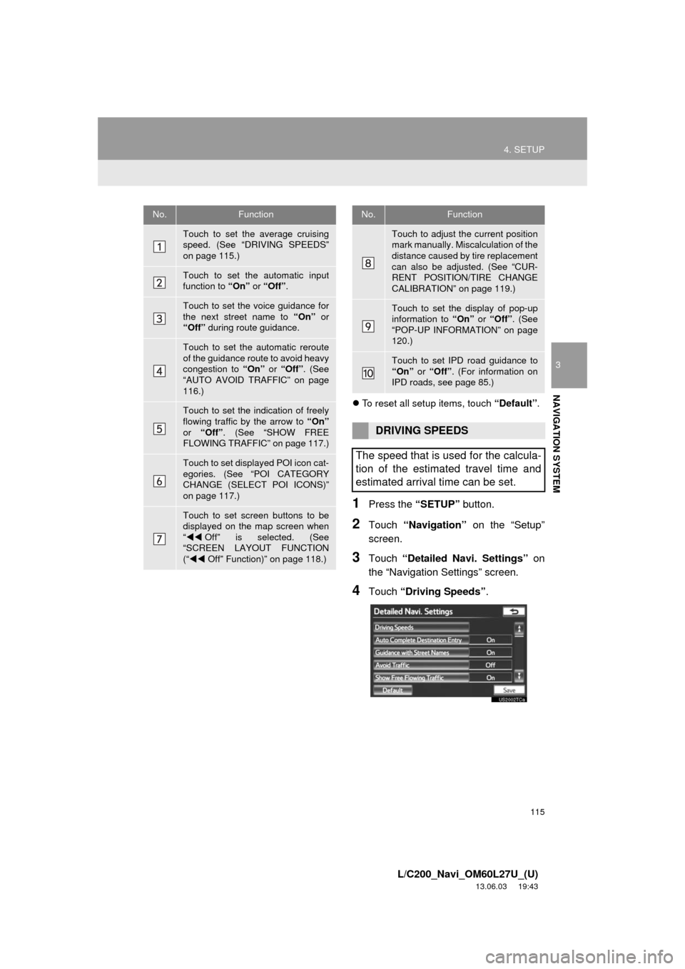 TOYOTA LAND CRUISER 2014 J200 Navigation Manual 115
4. SETUP
3
NAVIGATION SYSTEM
L/C200_Navi_OM60L27U_(U)
13.06.03 19:43
To reset all setup items, touch “Default”.
1Press the “SETUP” button.
2Touch “Navigation” on the “Setup” TOYOTA LAND CRUISER 2014 J200 Navigation Manual 115
4. SETUP
3
NAVIGATION SYSTEM
L/C200_Navi_OM60L27U_(U)
13.06.03 19:43
To reset all setup items, touch “Default”.
1Press the “SETUP” button.
2Touch “Navigation” on the “Setup”