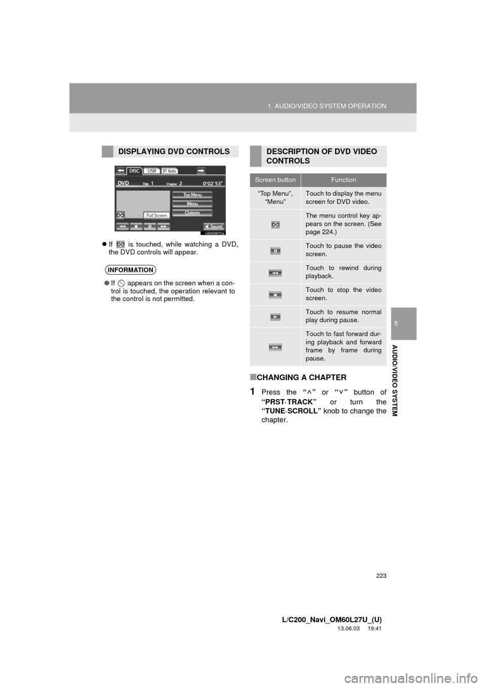 TOYOTA LAND CRUISER 2014 J200 Navigation Manual 223
1. AUDIO/VIDEO SYSTEM OPERATION
5
AUDIO/VIDEO SYSTEM
L/C200_Navi_OM60L27U_(U)
13.06.03 19:41
If is touched, while watching a DVD,
the DVD controls will appear.
■CHANGING A CHAPTER
1Pres TOYOTA LAND CRUISER 2014 J200 Navigation Manual 223
1. AUDIO/VIDEO SYSTEM OPERATION
5
AUDIO/VIDEO SYSTEM
L/C200_Navi_OM60L27U_(U)
13.06.03 19:41
If is touched, while watching a DVD,
the DVD controls will appear.
■CHANGING A CHAPTER
1Pres