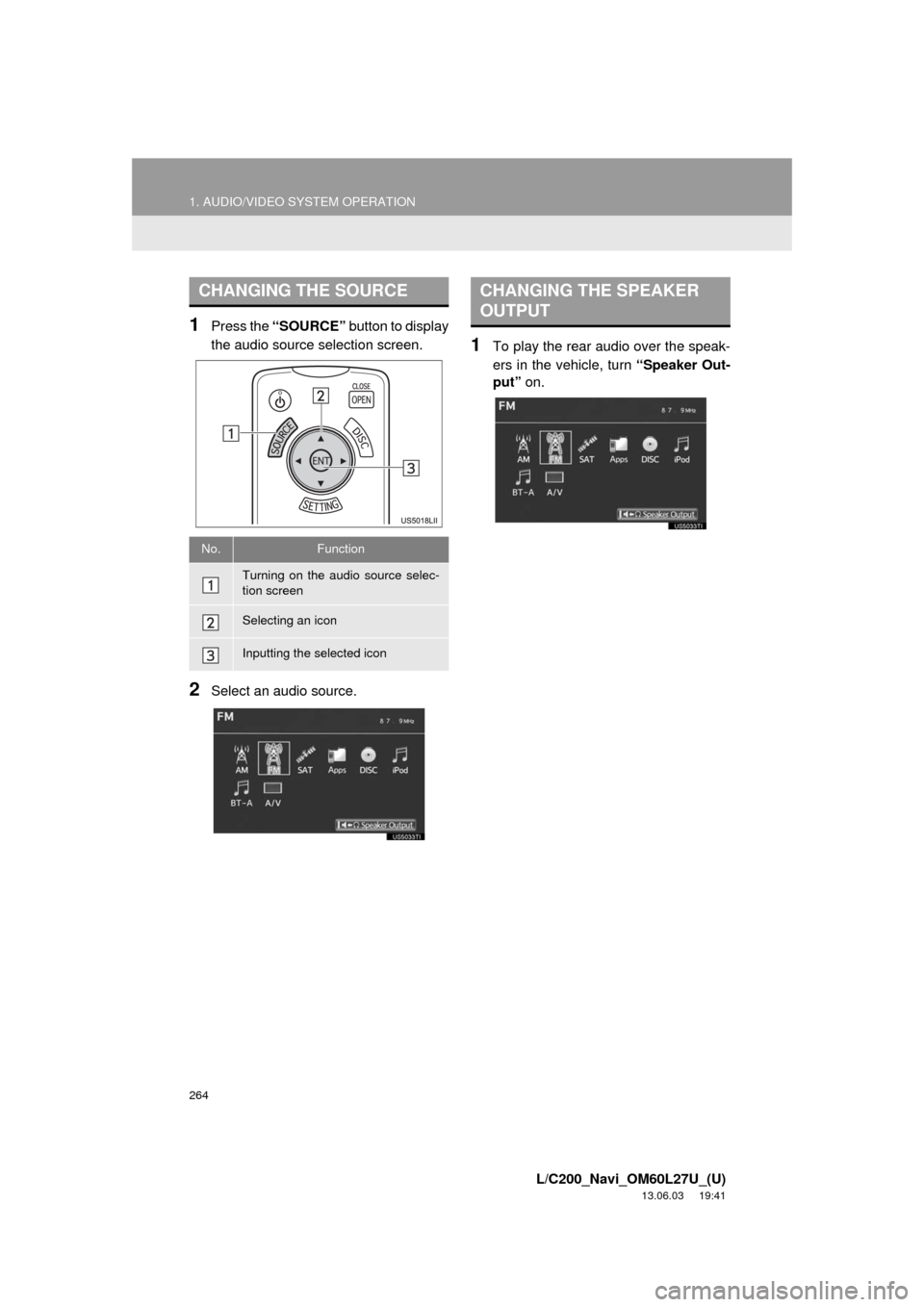 TOYOTA LAND CRUISER 2014 J200 Navigation Manual 264
1. AUDIO/VIDEO SYSTEM OPERATION
L/C200_Navi_OM60L27U_(U)
13.06.03 19:41
1Press the “SOURCE” button to display
the audio source selection screen.
2Select an audio source.
1To play the rear TOYOTA LAND CRUISER 2014 J200 Navigation Manual 264
1. AUDIO/VIDEO SYSTEM OPERATION
L/C200_Navi_OM60L27U_(U)
13.06.03 19:41
1Press the “SOURCE” button to display
the audio source selection screen.
2Select an audio source.
1To play the rear