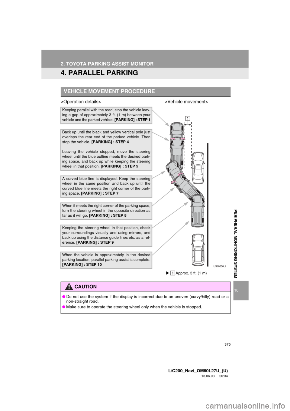 TOYOTA LAND CRUISER 2014 J200 Navigation Manual 375
2. TOYOTA PARKING ASSIST MONITOR
10
L/C200_Navi_OM60L27U_(U)
13.06.03 20:34
PERIPHERAL MONITORING SYSTEM
4. PARALLEL PARKING
<Operation details> <Vehicle movement>
VEHICLE MOVEMENT PROCEDURE
K TOYOTA LAND CRUISER 2014 J200 Navigation Manual 375
2. TOYOTA PARKING ASSIST MONITOR
10
L/C200_Navi_OM60L27U_(U)
13.06.03 20:34
PERIPHERAL MONITORING SYSTEM
4. PARALLEL PARKING
<Operation details> <Vehicle movement>
VEHICLE MOVEMENT PROCEDURE
K