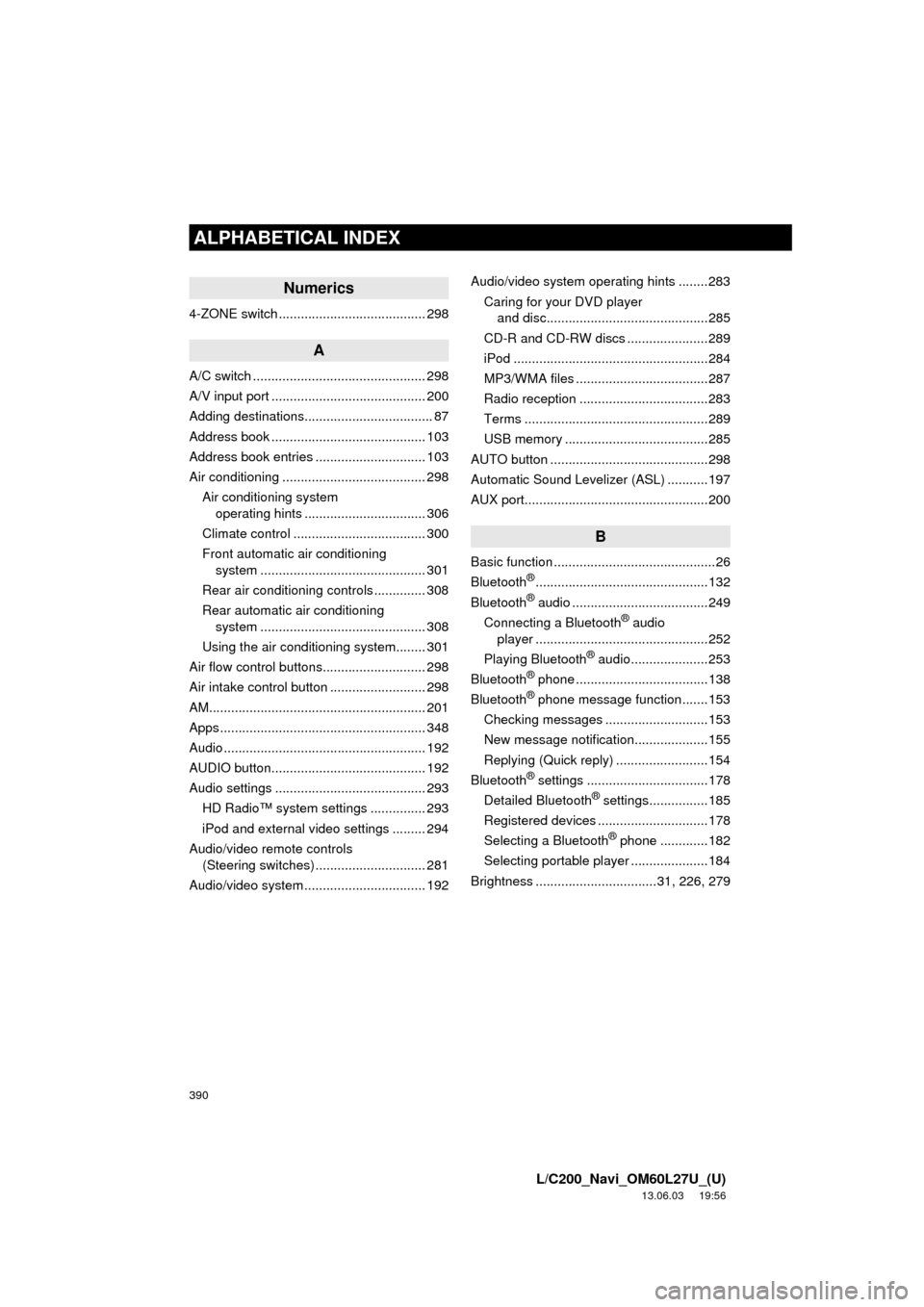 TOYOTA LAND CRUISER 2014 J200 Navigation Manual 390
ALPHABETICAL INDEX
L/C200_Navi_OM60L27U_(U)
13.06.03 19:56
Numerics
4-ZONE switch ........................................ 298
A
A/C switch ............................................... 298
TOYOTA LAND CRUISER 2014 J200 Navigation Manual 390
ALPHABETICAL INDEX
L/C200_Navi_OM60L27U_(U)
13.06.03 19:56
Numerics
4-ZONE switch ........................................ 298
A
A/C switch ............................................... 298