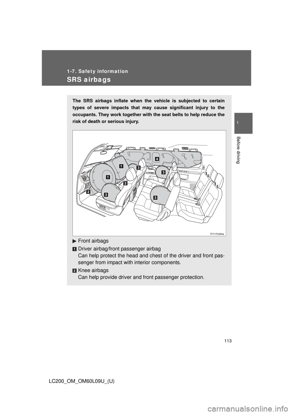 TOYOTA LAND CRUISER 2014 J200 Owners Manual 113
1
1-7. Safety information
Before driving
LC200_OM_OM60L09U_(U)
SRS airbags
The SRS airbags inflate when the vehicle is subjected to certain
types of severe impacts that may cause significant inju TOYOTA LAND CRUISER 2014 J200 Owners Manual 113
1
1-7. Safety information
Before driving
LC200_OM_OM60L09U_(U)
SRS airbags
The SRS airbags inflate when the vehicle is subjected to certain
types of severe impacts that may cause significant inju