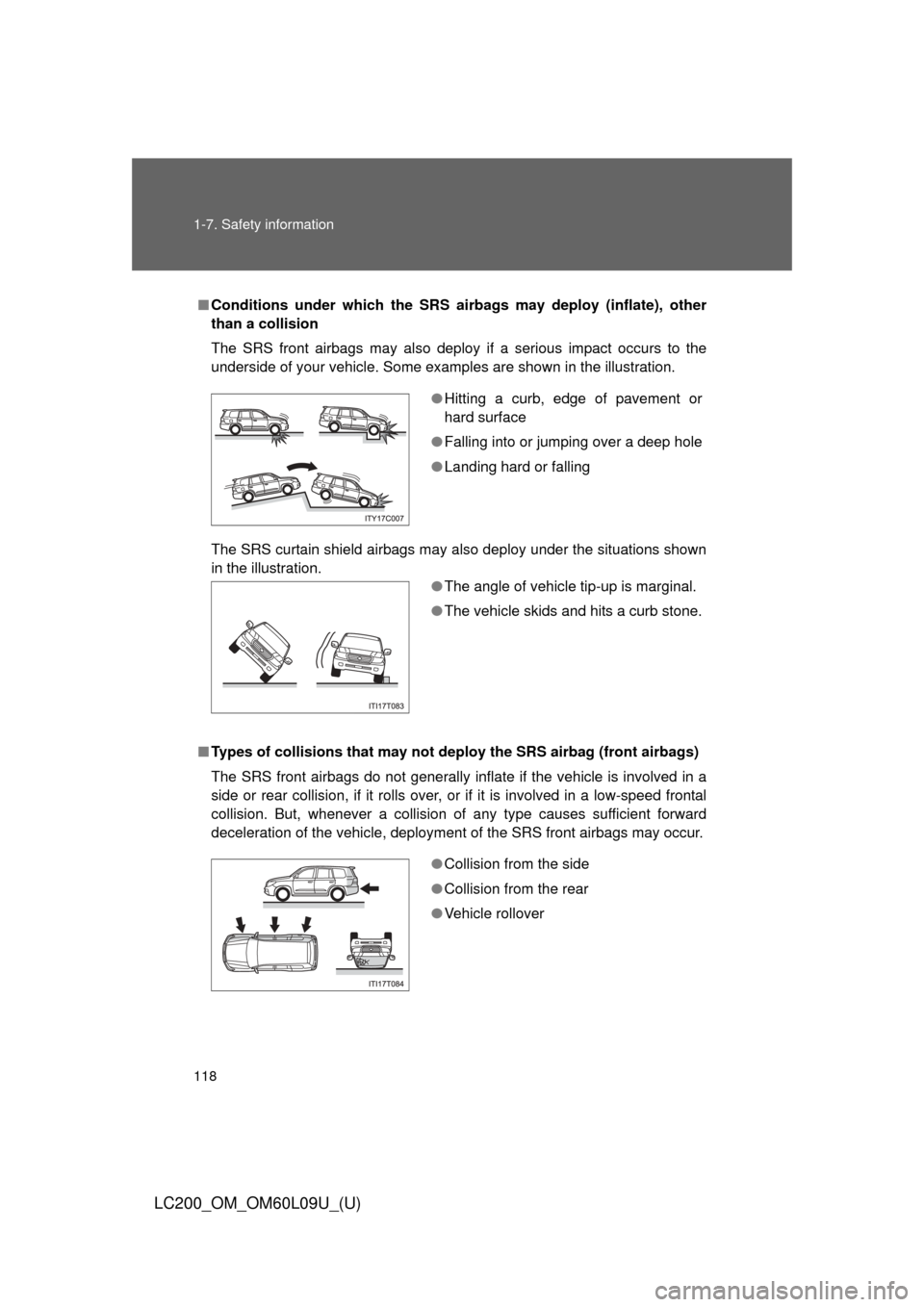 TOYOTA LAND CRUISER 2014 J200 Owners Manual 118 1-7. Safety information
LC200_OM_OM60L09U_(U)
■Conditions under which the SRS airbags may deploy (inflate), other
than a collision
The SRS front airbags may also deploy if a serious impact occur TOYOTA LAND CRUISER 2014 J200 Owners Manual 118 1-7. Safety information
LC200_OM_OM60L09U_(U)
■Conditions under which the SRS airbags may deploy (inflate), other
than a collision
The SRS front airbags may also deploy if a serious impact occur