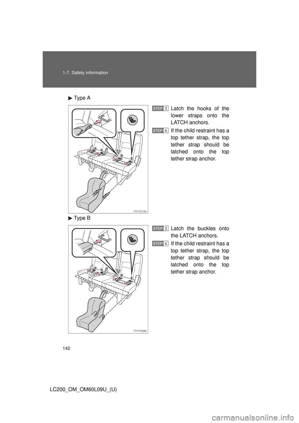 TOYOTA LAND CRUISER 2014 J200 Owners Manual 142 1-7. Safety information
LC200_OM_OM60L09U_(U)Type A
Latch the hooks of the
lower straps onto the
LATCH anchors.
If the child restraint has a
top tether strap, the top
tether strap should be
latche