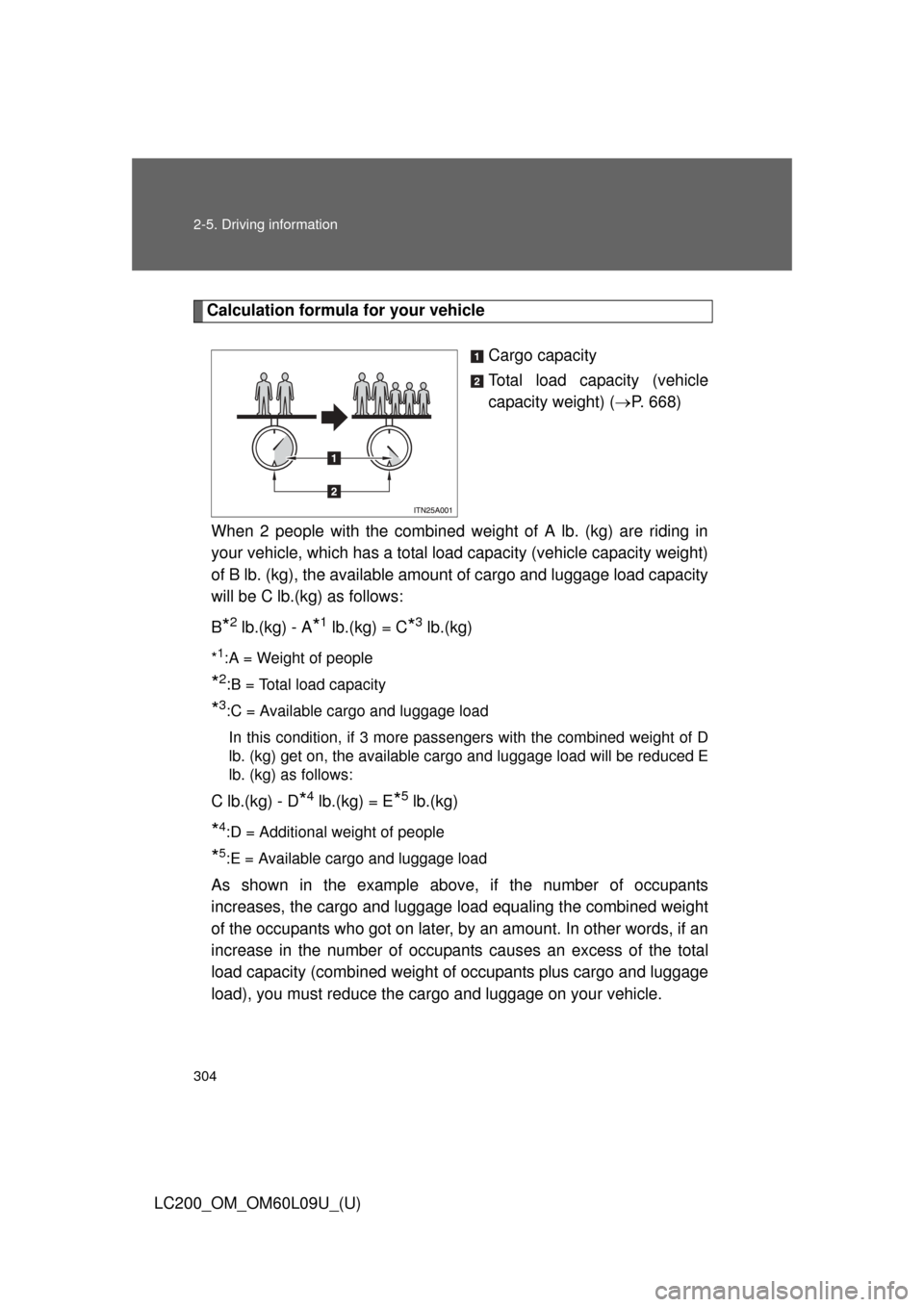 TOYOTA LAND CRUISER 2014 J200 Owners Manual 304 2-5. Driving information
LC200_OM_OM60L09U_(U)
Calculation formula for your vehicleCargo capacity
Total load capacity (vehicle
capacity weight) (P. 668)
When 2 people with the combined weight o TOYOTA LAND CRUISER 2014 J200 Owners Manual 304 2-5. Driving information
LC200_OM_OM60L09U_(U)
Calculation formula for your vehicleCargo capacity
Total load capacity (vehicle
capacity weight) (P. 668)
When 2 people with the combined weight o