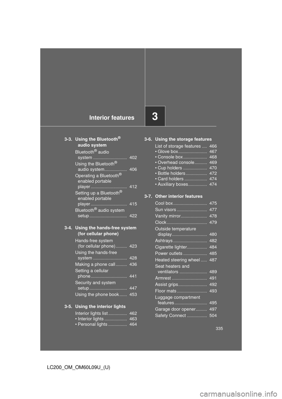 TOYOTA LAND CRUISER 2014 J200 Owners Manual Interior features3
335
LC200_OM_OM60L09U_(U)
3-3. Using the Bluetooth®
audio system
Bluetooth
® audio
system ........................... 402
Using the Bluetooth
®
audio system.................. TOYOTA LAND CRUISER 2014 J200 Owners Manual Interior features3
335
LC200_OM_OM60L09U_(U)
3-3. Using the Bluetooth®
audio system
Bluetooth
® audio
system ........................... 402
Using the Bluetooth
®
audio system..................