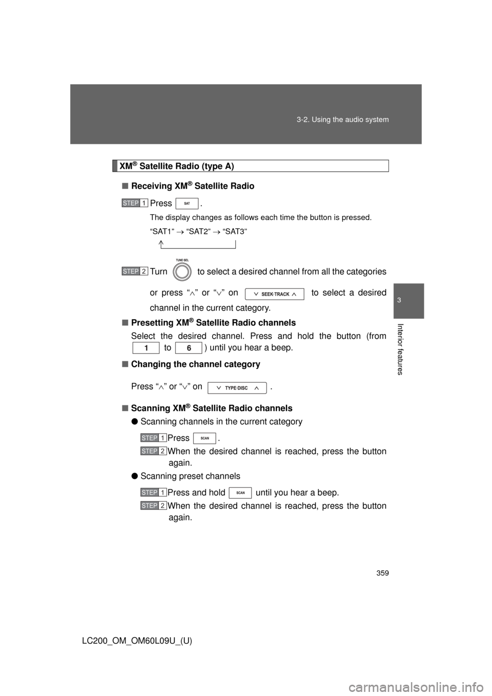 TOYOTA LAND CRUISER 2014 J200 Owners Manual 359
3-2. Using the audio system
3
Interior features
LC200_OM_OM60L09U_(U)
XM® Satellite Radio (type A)
■ Receiving XM
® Satellite Radio
Press .
The display changes as follows each time the button 