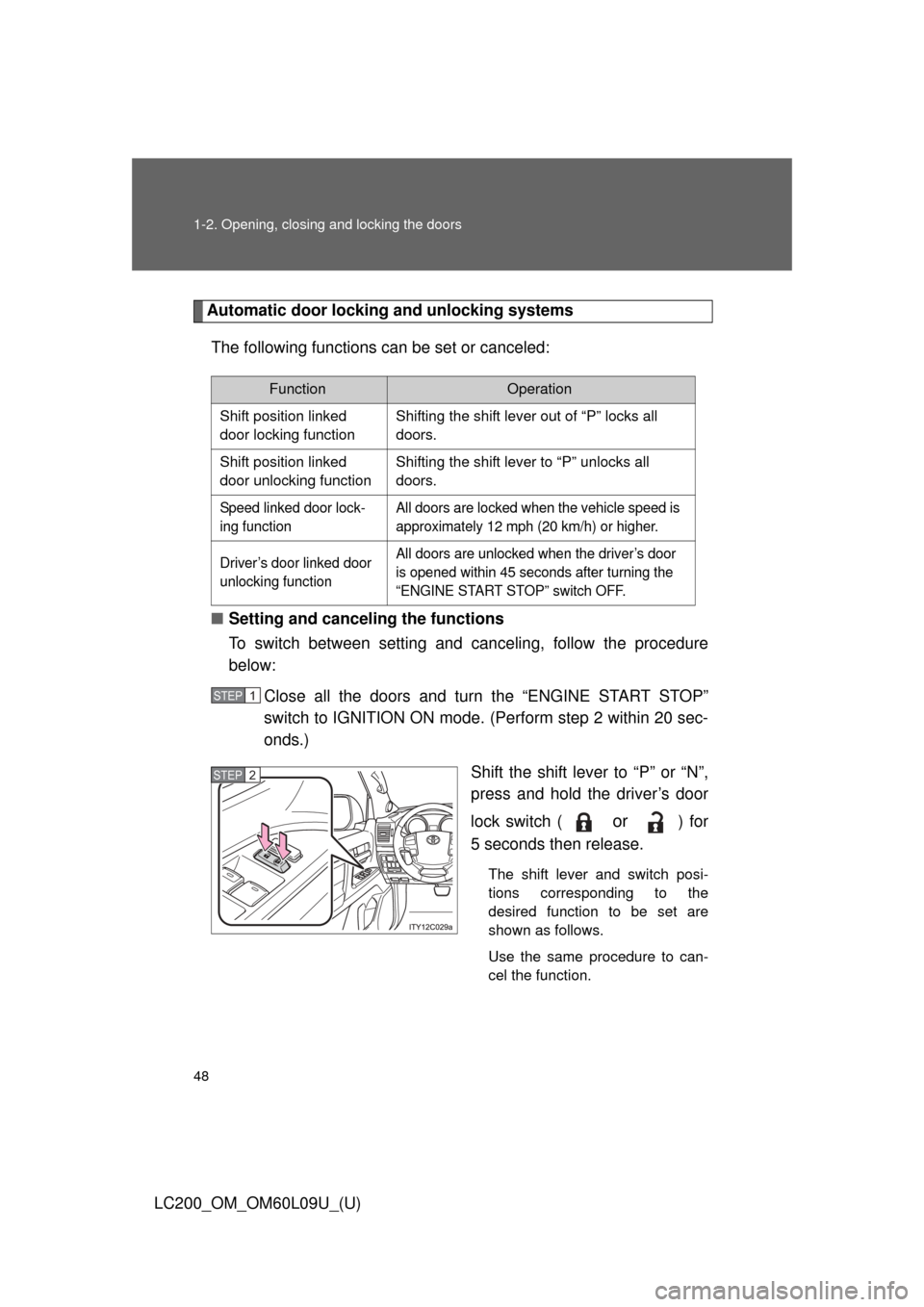 TOYOTA LAND CRUISER 2014 J200 Service Manual 48 1-2. Opening, closing and locking the doors
LC200_OM_OM60L09U_(U)
Automatic door locking and unlocking systemsThe following functions can be set or canceled:
■ Setting and canceling the functions TOYOTA LAND CRUISER 2014 J200 Service Manual 48 1-2. Opening, closing and locking the doors
LC200_OM_OM60L09U_(U)
Automatic door locking and unlocking systemsThe following functions can be set or canceled:
■ Setting and canceling the functions