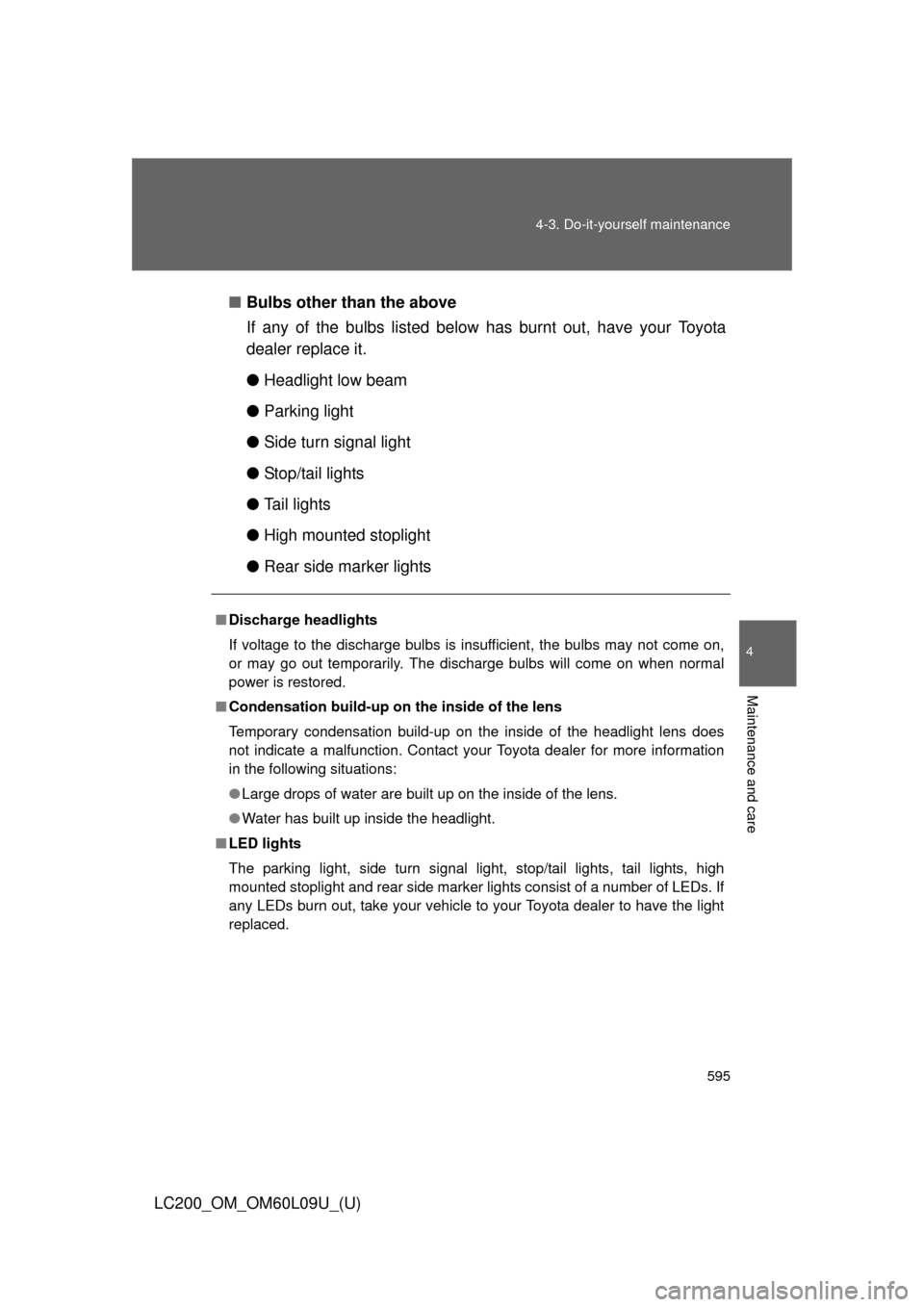 TOYOTA LAND CRUISER 2014 J200 Owners Manual 595
4-3. Do-it-yourself maintenance
4
Maintenance and care
LC200_OM_OM60L09U_(U)
■
Bulbs other than the above
If any of the bulbs listed below  has burnt out, have your Toyota
dealer replace it.
●