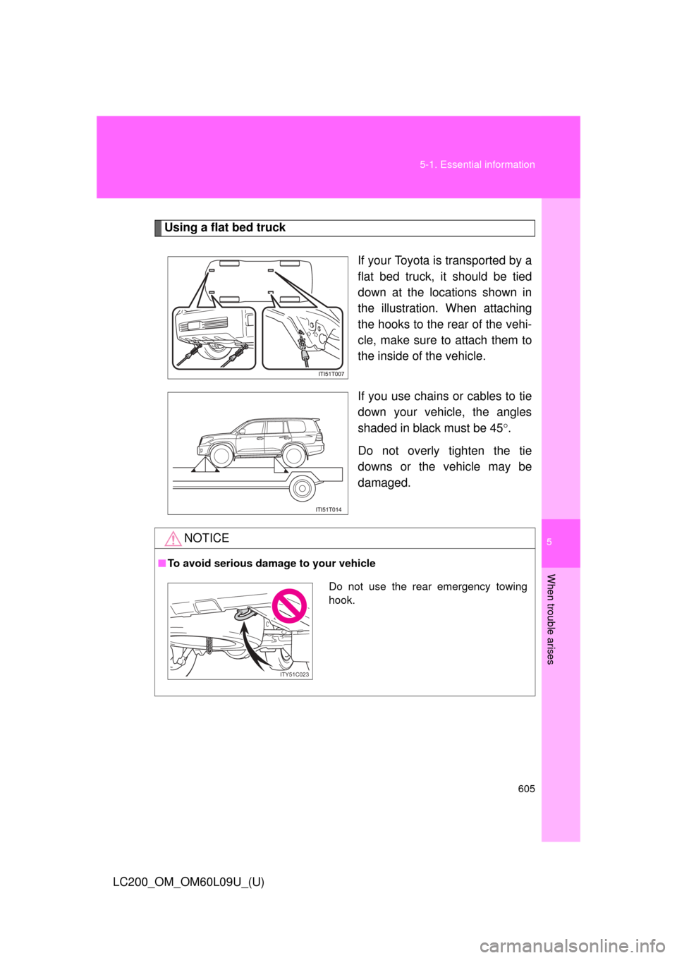 TOYOTA LAND CRUISER 2014 J200 Owners Manual 5
When trouble arises
605
5-1. Essential information
LC200_OM_OM60L09U_(U)
Using a flat bed truck
If your Toyota is transported by a
flat bed truck, it should be tied
down at the locations shown in
th