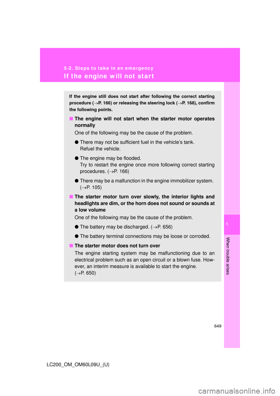 TOYOTA LAND CRUISER 2014 J200 Owners Manual 5
When trouble arises
649
5-2. Steps to take in an emergency
LC200_OM_OM60L09U_(U)
If the engine will not star t
If the engine still does not start after following the correct starting
procedure ( TOYOTA LAND CRUISER 2014 J200 Owners Manual 5
When trouble arises
649
5-2. Steps to take in an emergency
LC200_OM_OM60L09U_(U)
If the engine will not star t
If the engine still does not start after following the correct starting
procedure ( 