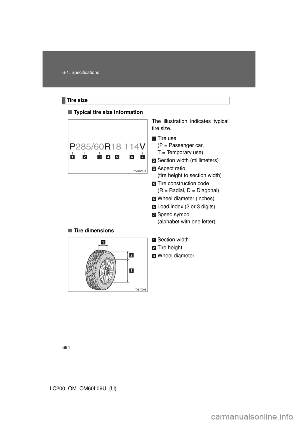 TOYOTA LAND CRUISER 2014 J200 Owners Manual 684 6-1. Specifications
LC200_OM_OM60L09U_(U)
Tire size■ Typical tire size information
The illustration indicates typical
tire size.
Tire use
(P = Passenger car, 
T = Temporary use)
Section width (m