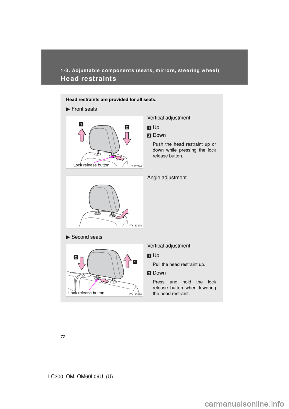 TOYOTA LAND CRUISER 2014 J200 Manual PDF 72
1-3. Adjustable components (seats, mirrors, steering wheel)
LC200_OM_OM60L09U_(U)
Head restraints
Head restraints are provided for all seats.
Front seatsVertical adjustment
Up
Down
Push the head re