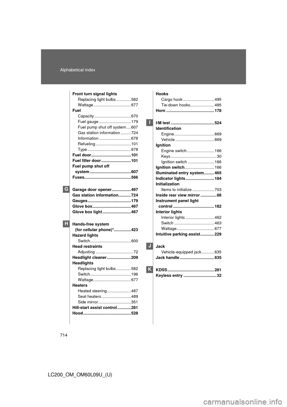 TOYOTA LAND CRUISER 2014 J200 Owners Manual 714 Alphabetical index
LC200_OM_OM60L09U_(U)
Front turn signal lightsReplacing light bulbs ............. 582
Wattage ................................. 677
Fuel Capacity ...............................