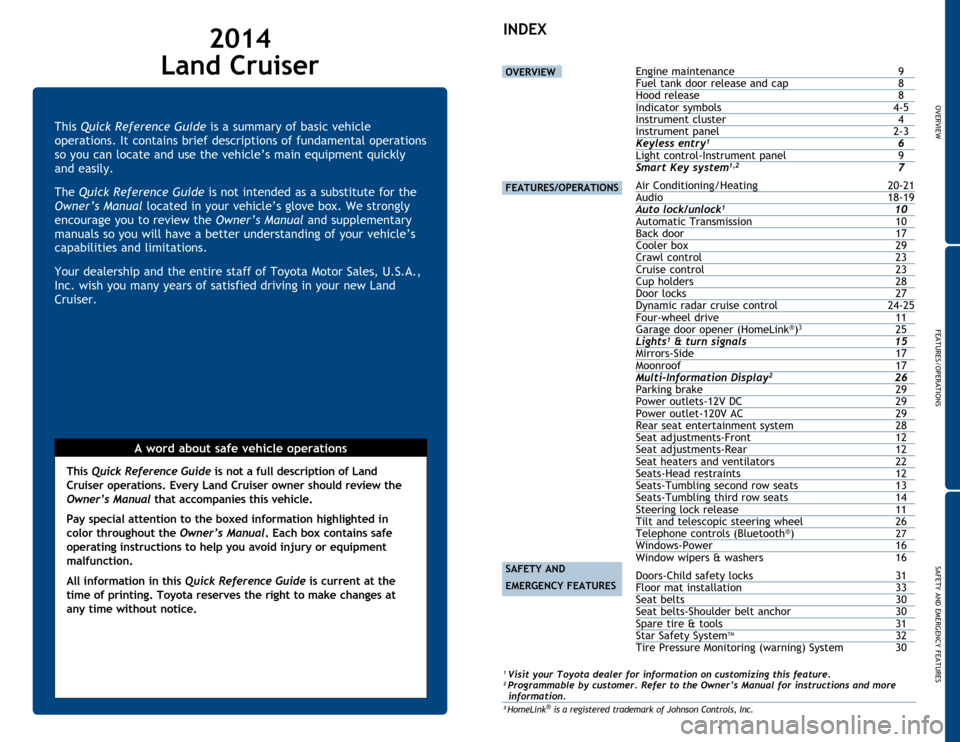 TOYOTA LAND CRUISER 2014 J200 Quick Reference Guide OVERVIEW
FEATURES/OPERATIONS
SAFETY AND EMERGENCY FEATURES
1
This Quick Reference Guide is a summary of basic vehicle 
operations. It contains brief descriptions of fundamental operations 
so you can 