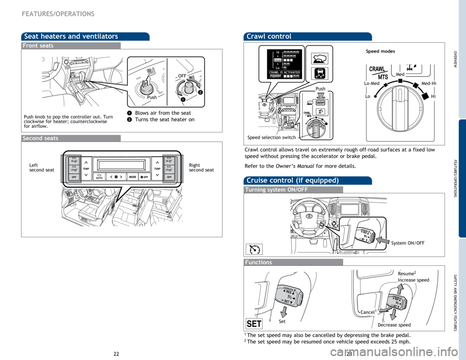 TOYOTA LAND CRUISER 2014 J200 Quick Reference Guide OVERVIEW
FEATURES/OPERATIONS
SAFETY AND EMERGENCY FEATURES
23
22
Crawl control
Crawl control allows travel on extremely rough off-road surfaces at a fixed low
speed without pressing the accelerator o TOYOTA LAND CRUISER 2014 J200 Quick Reference Guide OVERVIEW
FEATURES/OPERATIONS
SAFETY AND EMERGENCY FEATURES
23
22
Crawl control
Crawl control allows travel on extremely rough off-road surfaces at a fixed low
speed without pressing the accelerator o