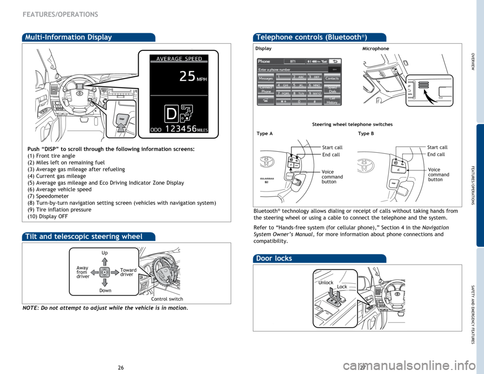 TOYOTA LAND CRUISER 2014 J200 Quick Reference Guide OVERVIEW
FEATURES/OPERATIONS
SAFETY AND EMERGENCY FEATURES
27
26
FEATURES/OPERATIONS
Multi-Information Display
Push “DISP” to scroll through the following information screens:
(1) Front tire angle TOYOTA LAND CRUISER 2014 J200 Quick Reference Guide OVERVIEW
FEATURES/OPERATIONS
SAFETY AND EMERGENCY FEATURES
27
26
FEATURES/OPERATIONS
Multi-Information Display
Push “DISP” to scroll through the following information screens:
(1) Front tire angle