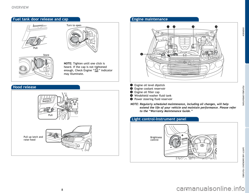 TOYOTA LAND CRUISER 2014 J200 Quick Reference Guide OVERVIEW
FEATURES/OPERATIONS
SAFETY AND EMERGENCY FEATURES
89
Hood release
Pull up latch and 
raise hood
Fuel tank door release and cap
NOTE: Tighten until one click is 
heard. If the cap is not tight