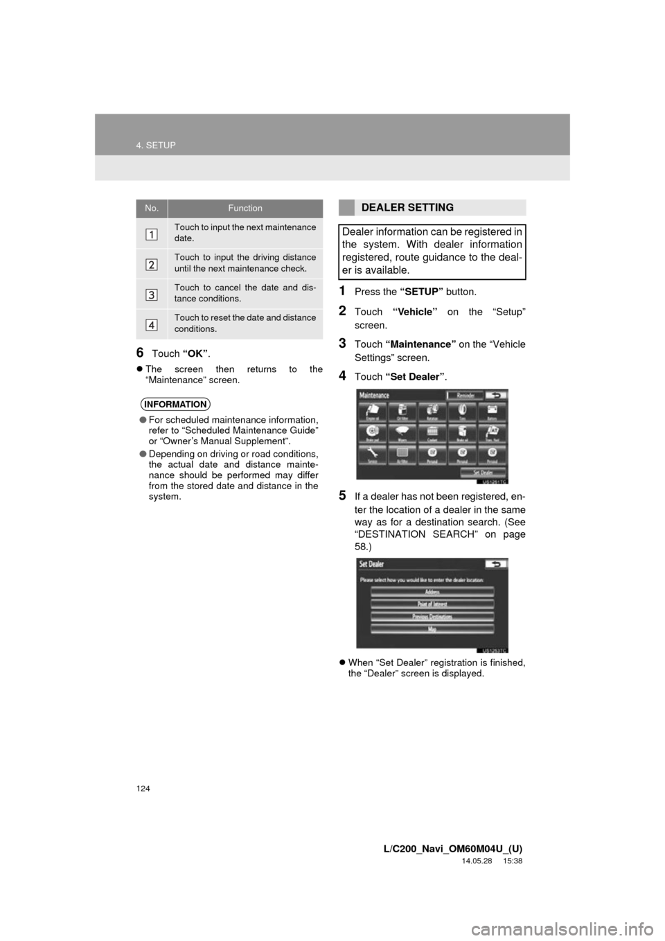 TOYOTA LAND CRUISER 2015 J200 Navigation Manual 124
4. SETUP
L/C200_Navi_OM60M04U_(U)
14.05.28 15:38
6Touch “OK”.
The screen then returns to the
“Maintenance” screen.
1Press the “SETUP” button.
2Touch “Vehicle” on the “Se TOYOTA LAND CRUISER 2015 J200 Navigation Manual 124
4. SETUP
L/C200_Navi_OM60M04U_(U)
14.05.28 15:38
6Touch “OK”.
The screen then returns to the
“Maintenance” screen.
1Press the “SETUP” button.
2Touch “Vehicle” on the “Se