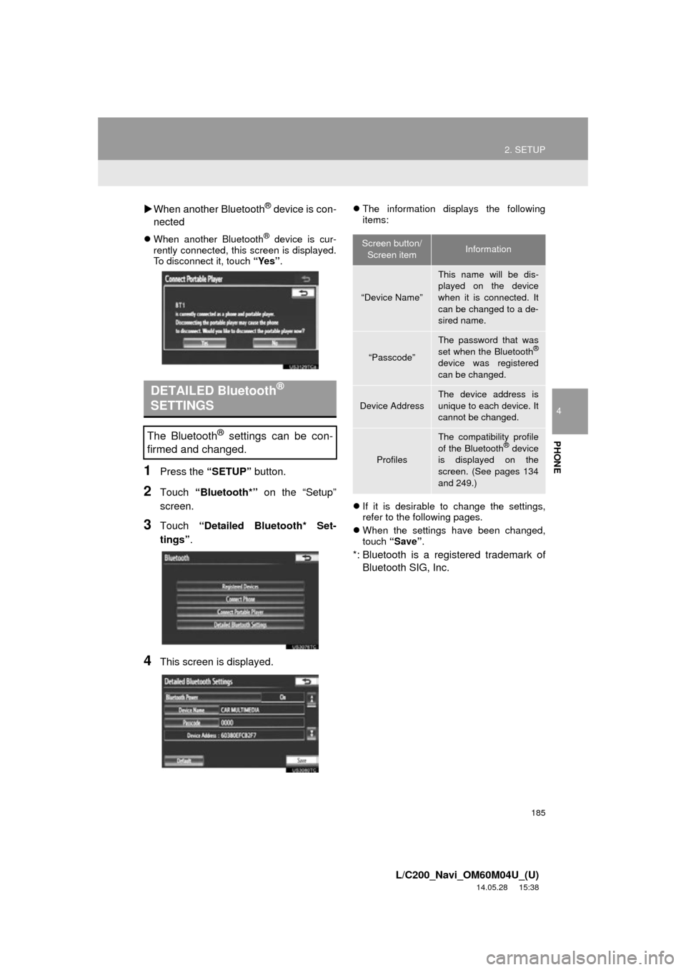 TOYOTA LAND CRUISER 2015 J200 Navigation Manual 185
2. SETUP
4
PHONE
L/C200_Navi_OM60M04U_(U)
14.05.28 15:38
When another Bluetooth® device is con-
nected
When another Bluetooth® device is cur-
rently connected, this screen is displaye TOYOTA LAND CRUISER 2015 J200 Navigation Manual 185
2. SETUP
4
PHONE
L/C200_Navi_OM60M04U_(U)
14.05.28 15:38
When another Bluetooth® device is con-
nected
When another Bluetooth® device is cur-
rently connected, this screen is displaye