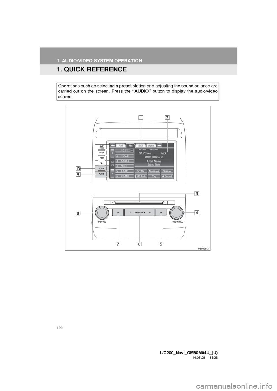 TOYOTA LAND CRUISER 2015 J200 Navigation Manual 192
L/C200_Navi_OM60M04U_(U)
14.05.28 15:38
1. AUDIO/VIDEO SYSTEM OPERATION
1. QUICK REFERENCE
Operations such as selecting a preset station and adjusting the sound balance are
carried out on the TOYOTA LAND CRUISER 2015 J200 Navigation Manual 192
L/C200_Navi_OM60M04U_(U)
14.05.28 15:38
1. AUDIO/VIDEO SYSTEM OPERATION
1. QUICK REFERENCE
Operations such as selecting a preset station and adjusting the sound balance are
carried out on the