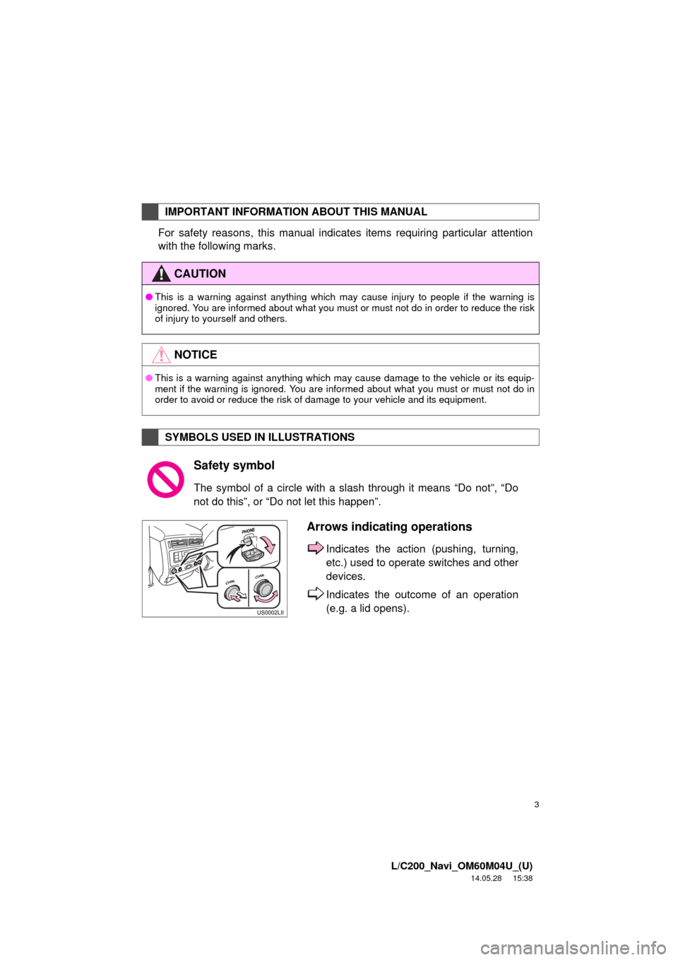 TOYOTA LAND CRUISER 2015 J200 Navigation Manual 3
L/C200_Navi_OM60M04U_(U)
14.05.28     15:38
For safety reasons, this manual indicates items requiring particular attention
with the following marks.
IMPORTANT INFORMATION ABOUT THIS MANUAL
CAUTION
�