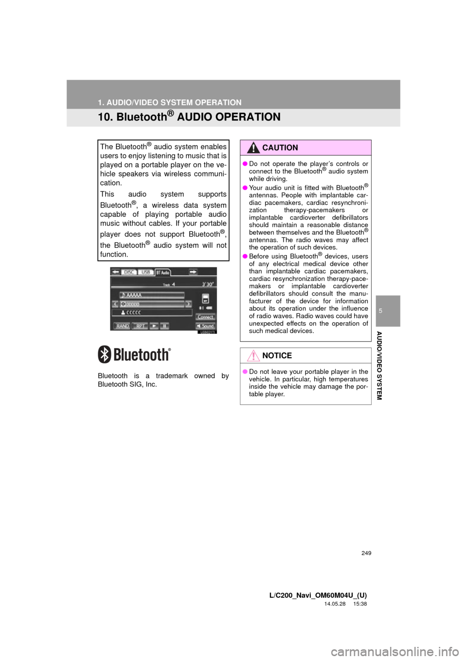 TOYOTA LAND CRUISER 2015 J200 Navigation Manual 249
1. AUDIO/VIDEO SYSTEM OPERATION
5
AUDIO/VIDEO SYSTEM
L/C200_Navi_OM60M04U_(U)
14.05.28     15:38
10. Bluetooth® AUDIO OPERATION
Bluetooth is a trademark owned by
Bluetooth SIG, Inc.
The Bluetooth