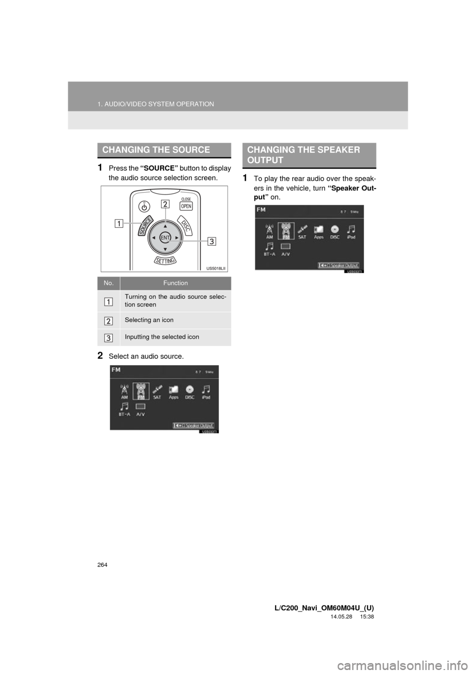 TOYOTA LAND CRUISER 2015 J200 Navigation Manual 264
1. AUDIO/VIDEO SYSTEM OPERATION
L/C200_Navi_OM60M04U_(U)
14.05.28 15:38
1Press the “SOURCE” button to display
the audio source selection screen.
2Select an audio source.
1To play the rear TOYOTA LAND CRUISER 2015 J200 Navigation Manual 264
1. AUDIO/VIDEO SYSTEM OPERATION
L/C200_Navi_OM60M04U_(U)
14.05.28 15:38
1Press the “SOURCE” button to display
the audio source selection screen.
2Select an audio source.
1To play the rear