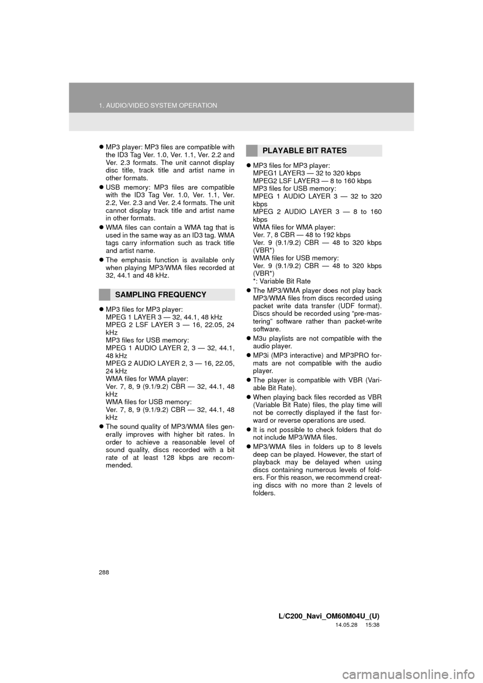 TOYOTA LAND CRUISER 2015 J200 Navigation Manual 288
1. AUDIO/VIDEO SYSTEM OPERATION
L/C200_Navi_OM60M04U_(U)
14.05.28     15:38
MP3 player: MP3 files are compatible with
the ID3 Tag Ver. 1.0, Ver. 1.1, Ver. 2.2 and
Ver. 2.3 formats. The unit can
